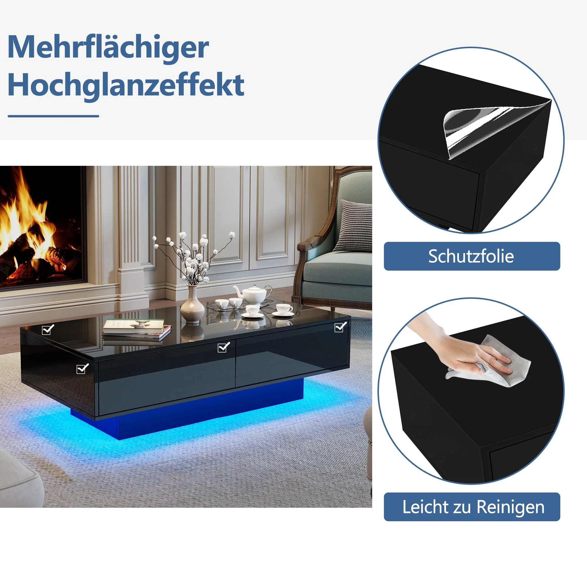 Modern Coffee Table, 115x55x34cm with 2 Drawers, LED Lighting, Black High-Gloss - Image 7