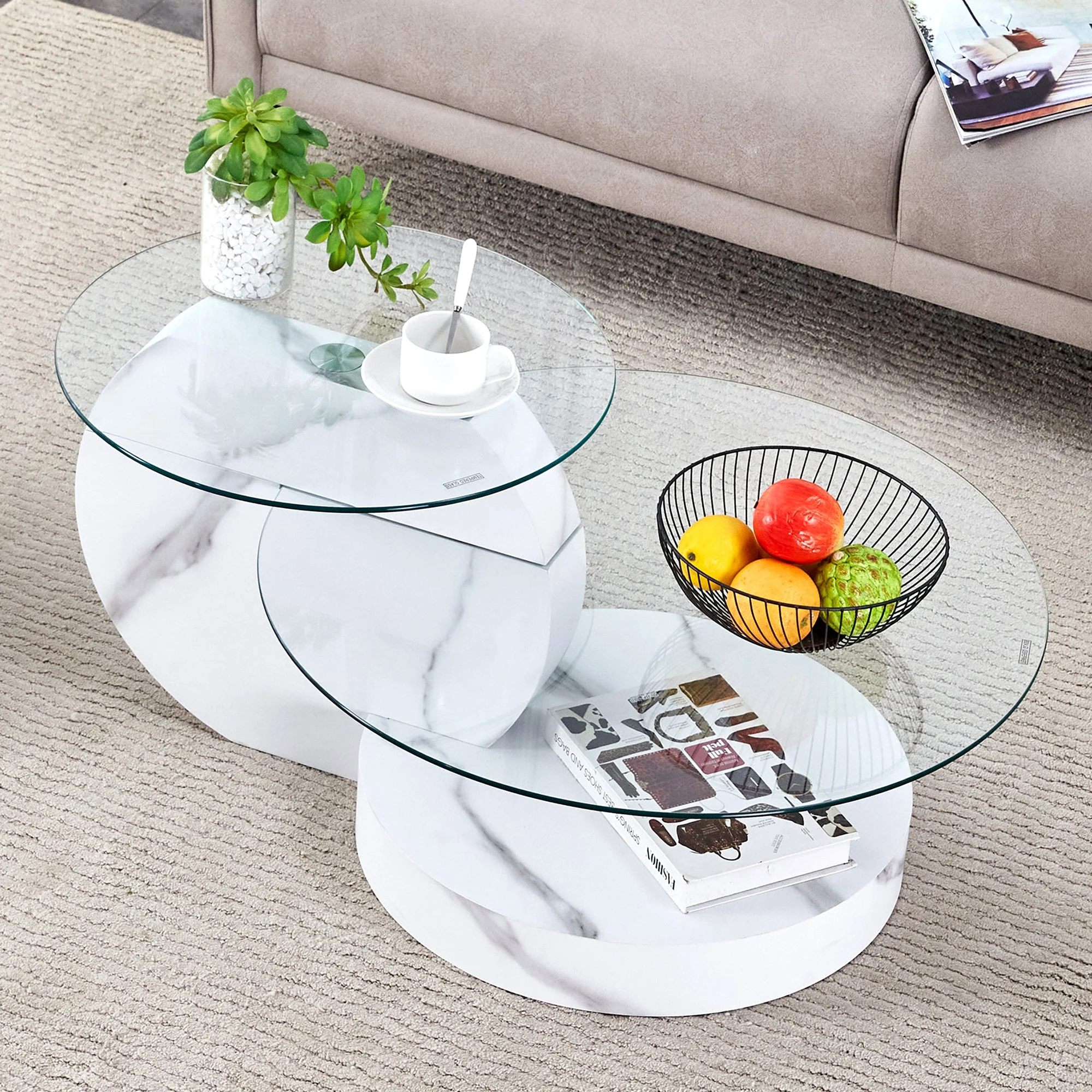 Modern Coffee Table Double-Layered Safety Glass Multi-Tiered White Marble Effect MDF - Image 3