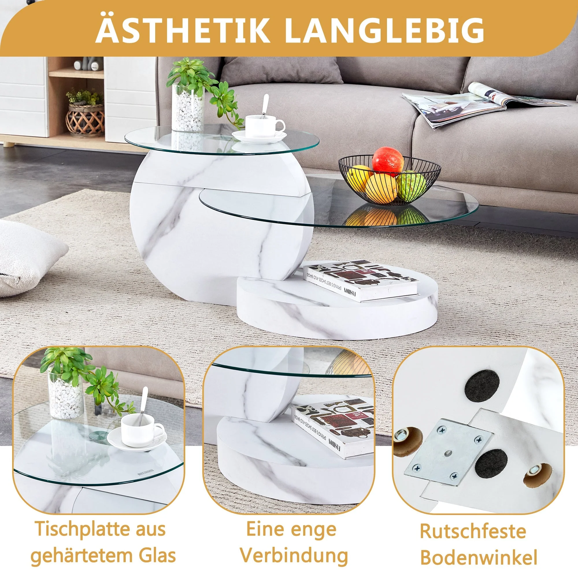 Modern Coffee Table Double-Layered Safety Glass Multi-Tiered White Marble Effect MDF - Image 7
