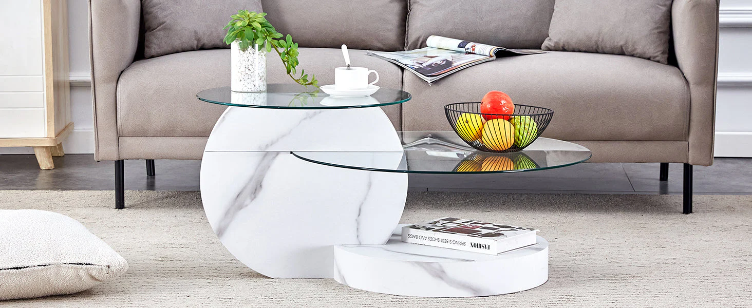 Modern Coffee Table Double-Layered Safety Glass Multi-Tiered White Marble Effect MDF - Image 9