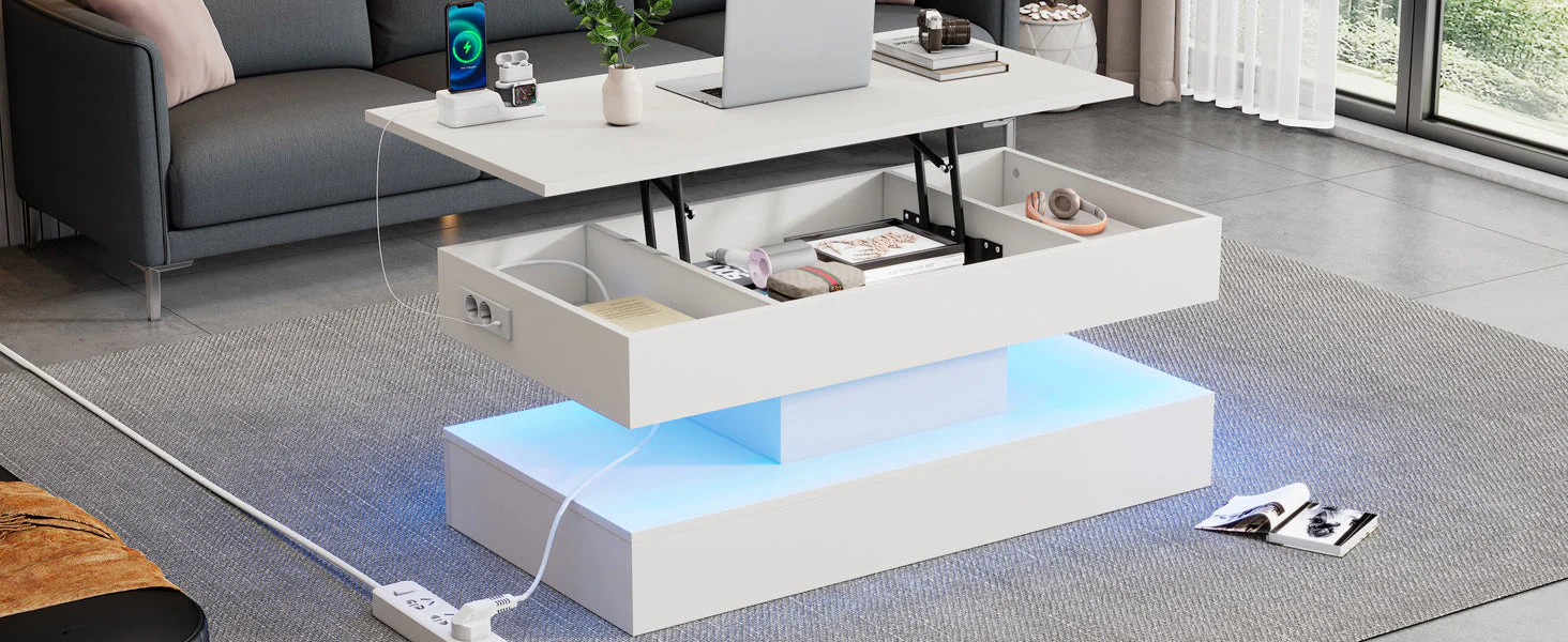 Modern Coffee Table LED Storage Hydraulic Lift 100x50x42cm - Image 6