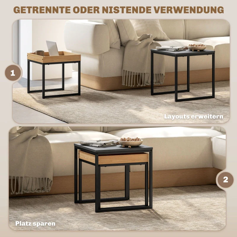 Modern Coffee Table, Set of 2 Sofa Tables, Square, MDF Metal Black - Image 5