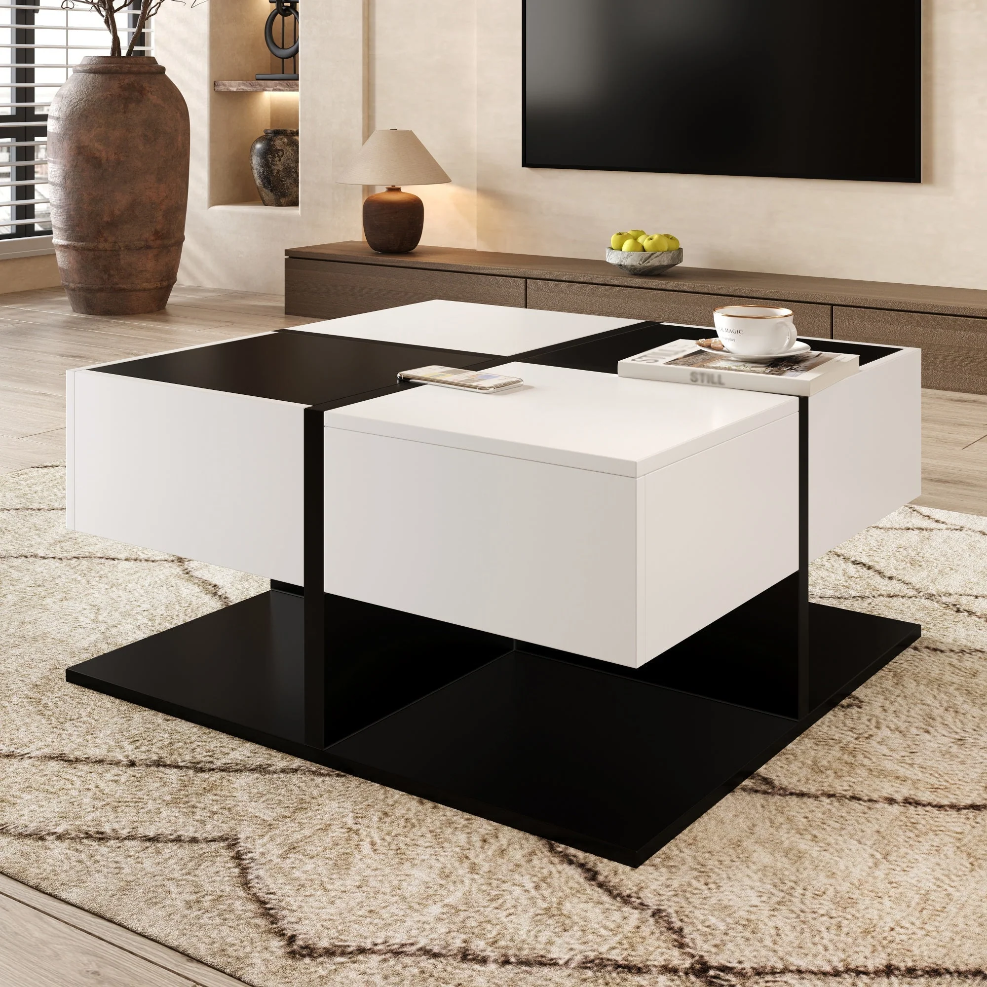Modern Coffee Table with 2 Drawers, Square Living Room Table, 70x70x35.5 cm, Black and White - Image 4