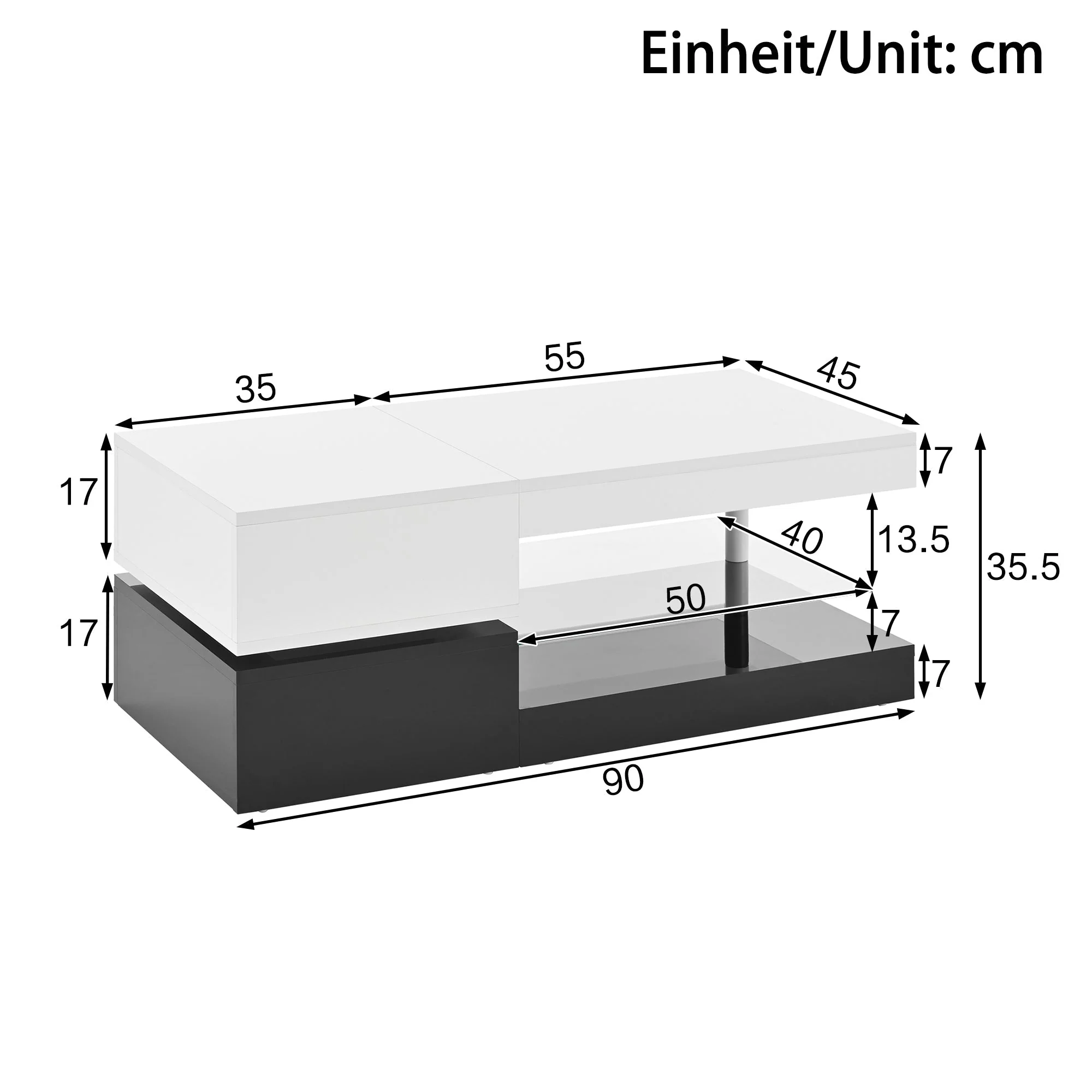 Modern Coffee Table with LED Ambient Lighting, Glass Shelf, High-Gloss Surface, Black and White - Image 5