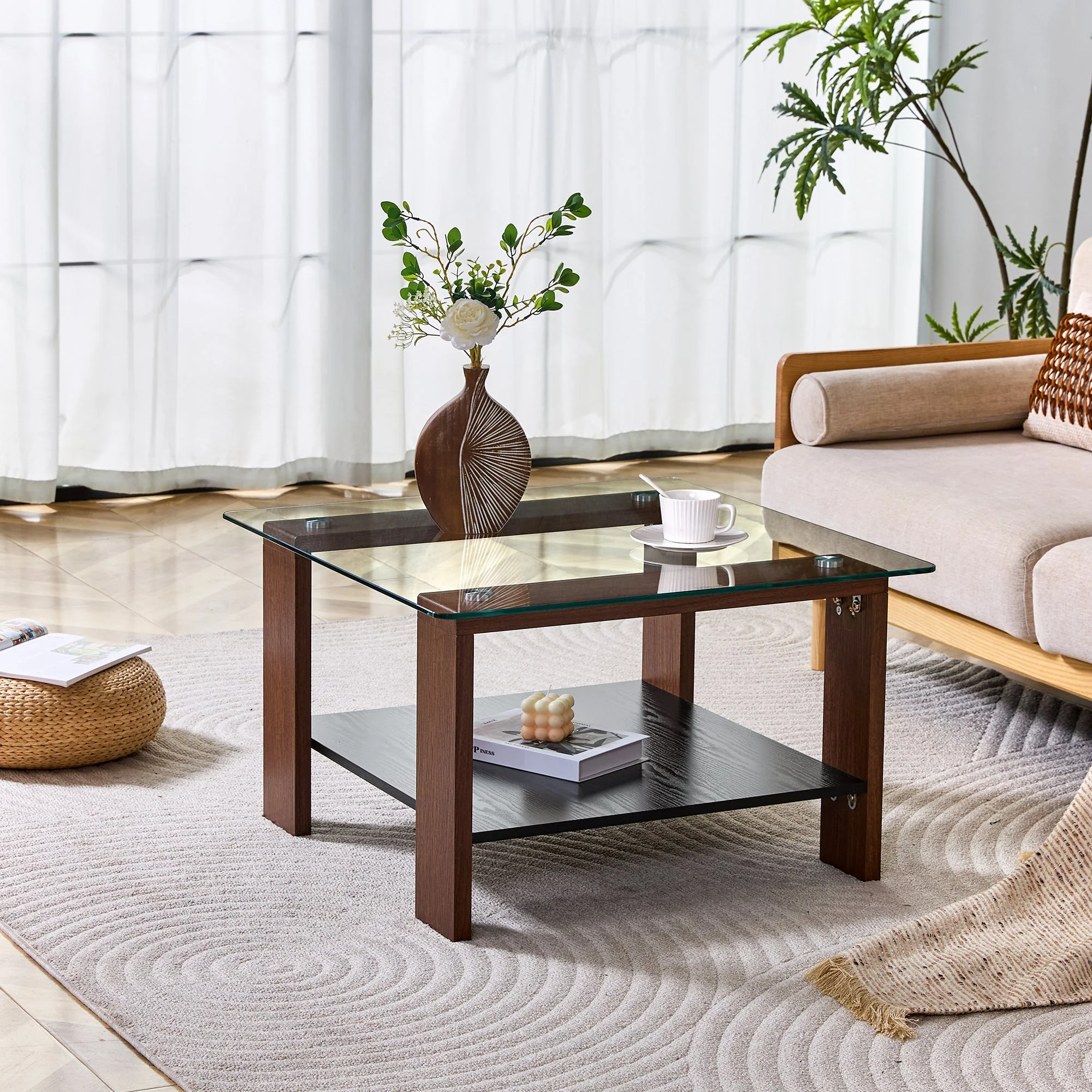Modern Coffee Table with Storage and Tempered Glass Top, 65x41x45.5cm, Walnut Wood - Image 2