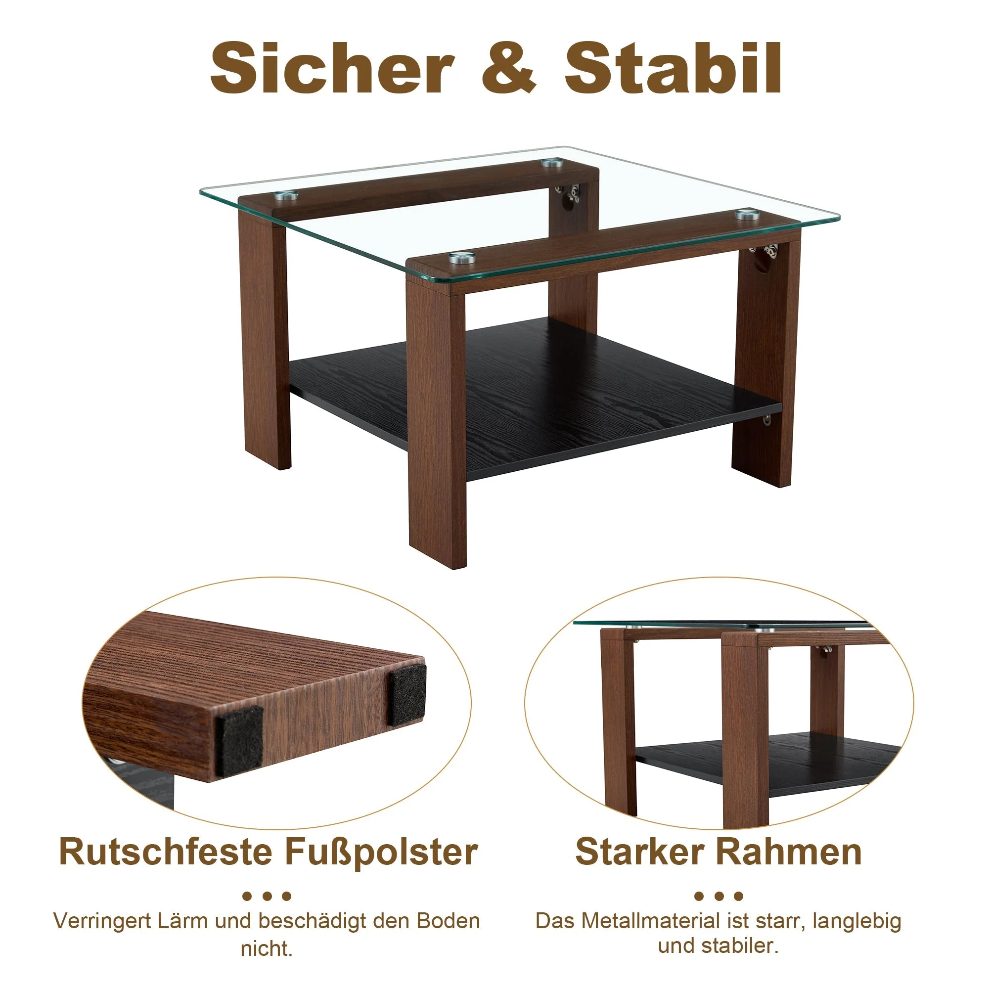 Modern Coffee Table with Storage and Tempered Glass Top, 65x41x45.5cm, Walnut Wood - Image 8
