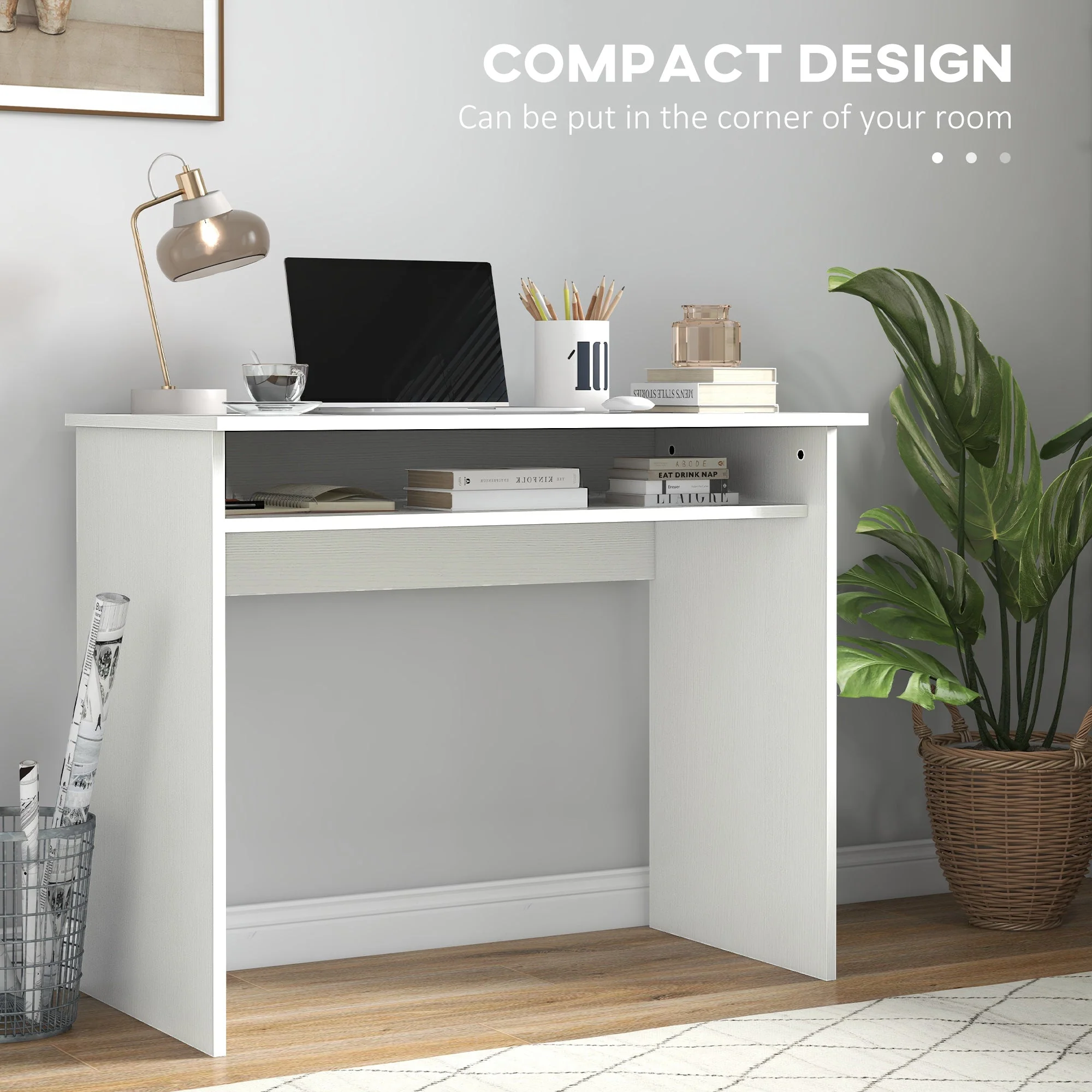 Modern Computer Desk Small Writing Desk Storage Shelf White Wood Grain - Image 6