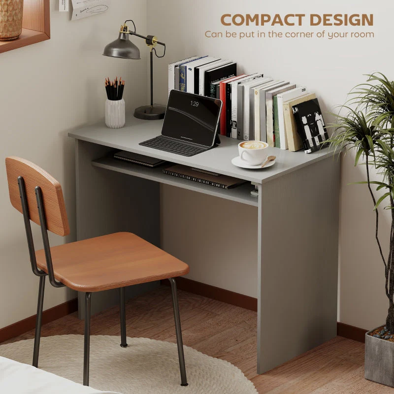 Modern Computer Desk, Small Writing Desk with Storage Shelf, Grey - Image 6