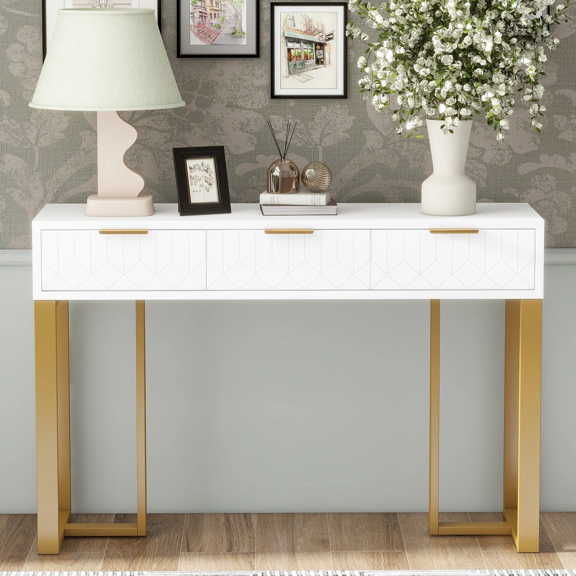 Modern Console Table - Drawers, Adjustable Foot Pads, Elegant Handles - White & Gold - Image 2