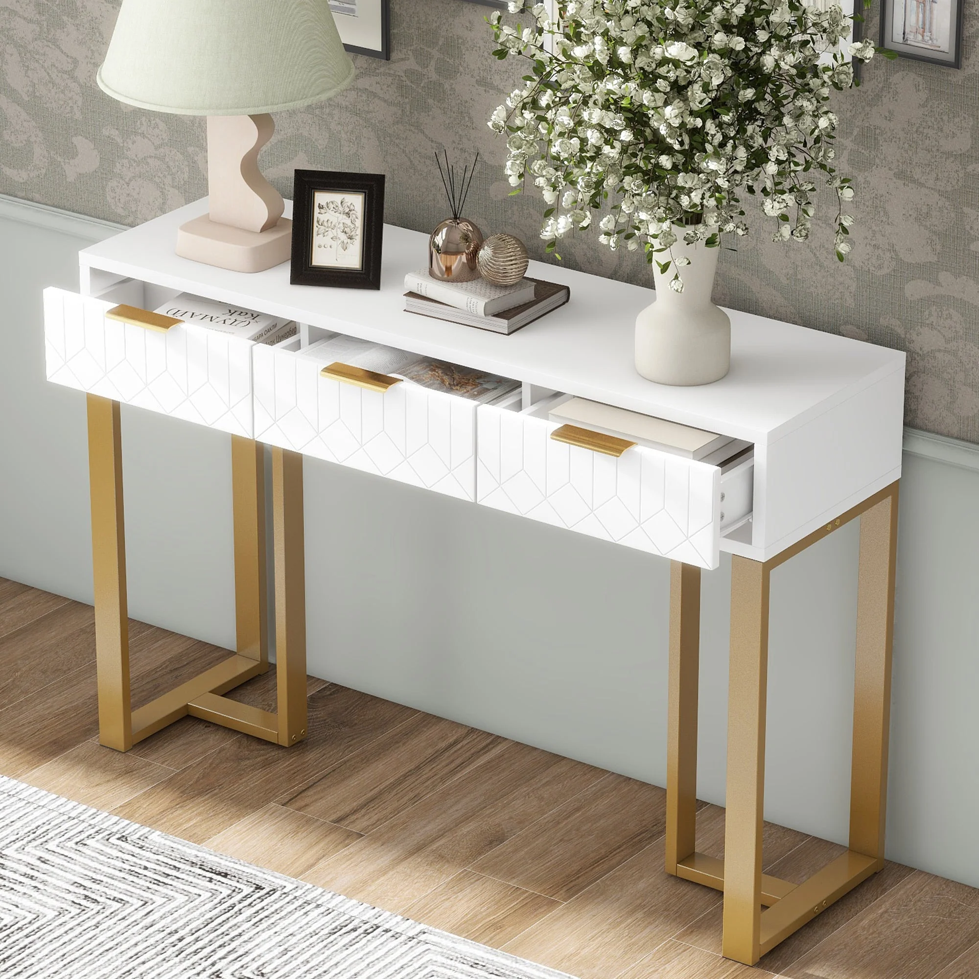 Modern Console Table - Drawers, Adjustable Foot Pads, Elegant Handles - White & Gold - Image 3