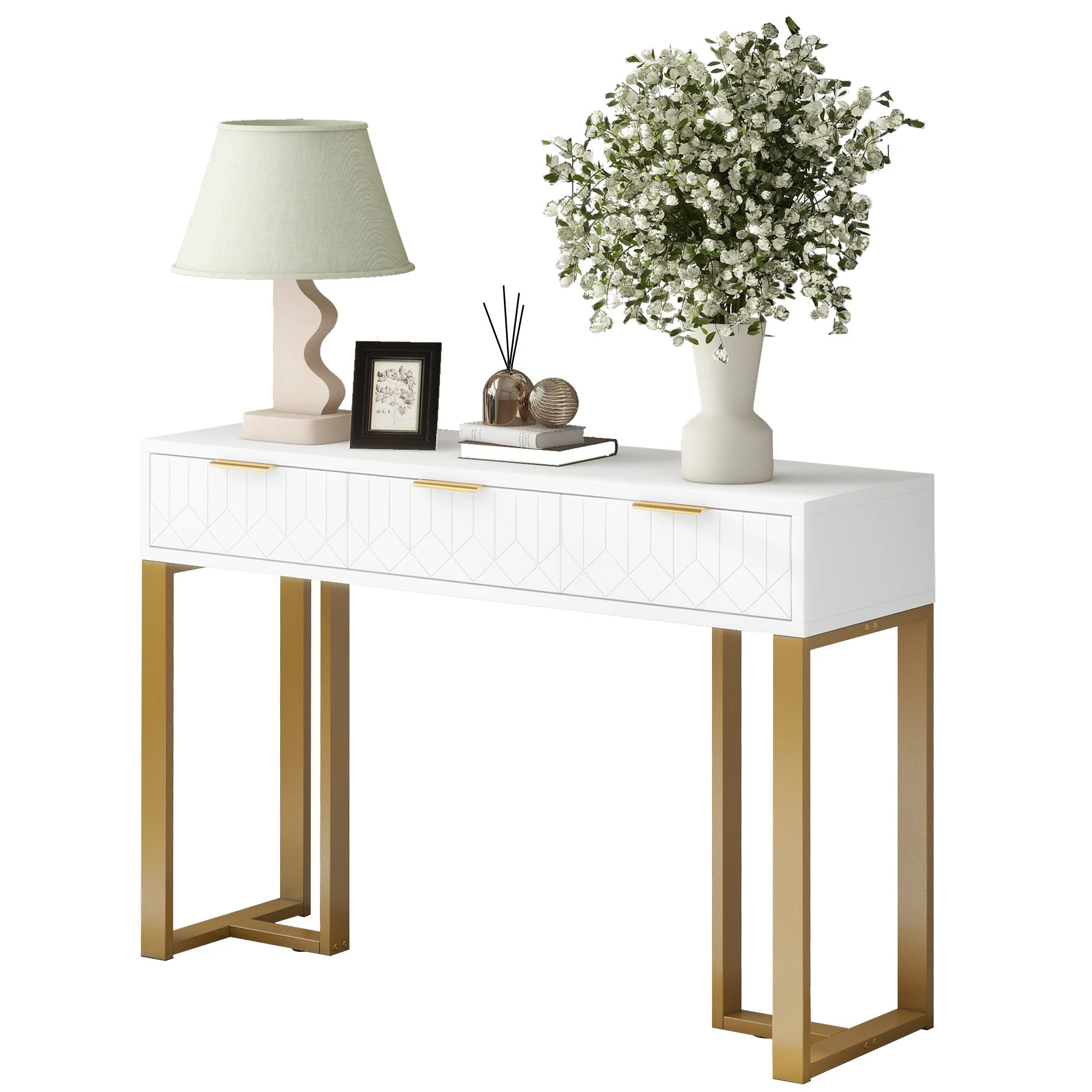 Modern Console Table - Drawers, Adjustable Foot Pads, Elegant Handles - White & Gold - Image 4