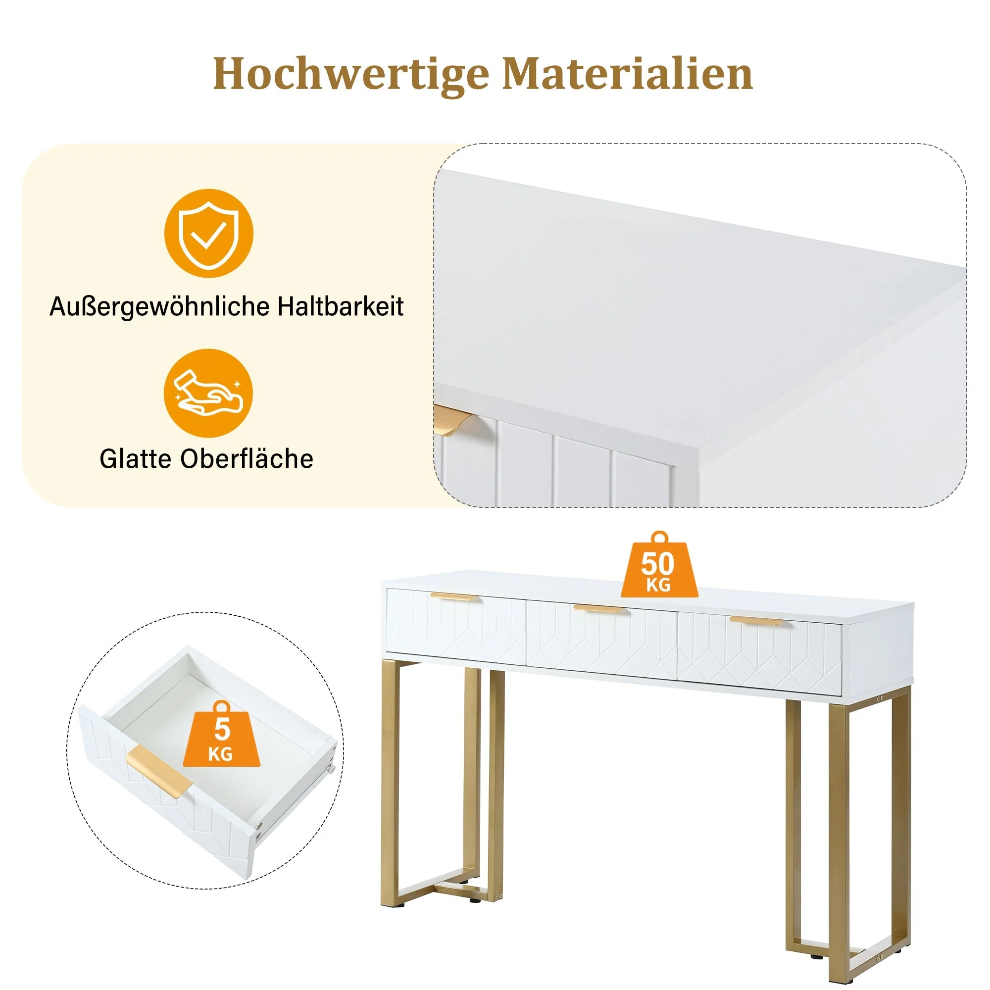 Modern Console Table - Drawers, Adjustable Foot Pads, Elegant Handles - White & Gold - Image 6