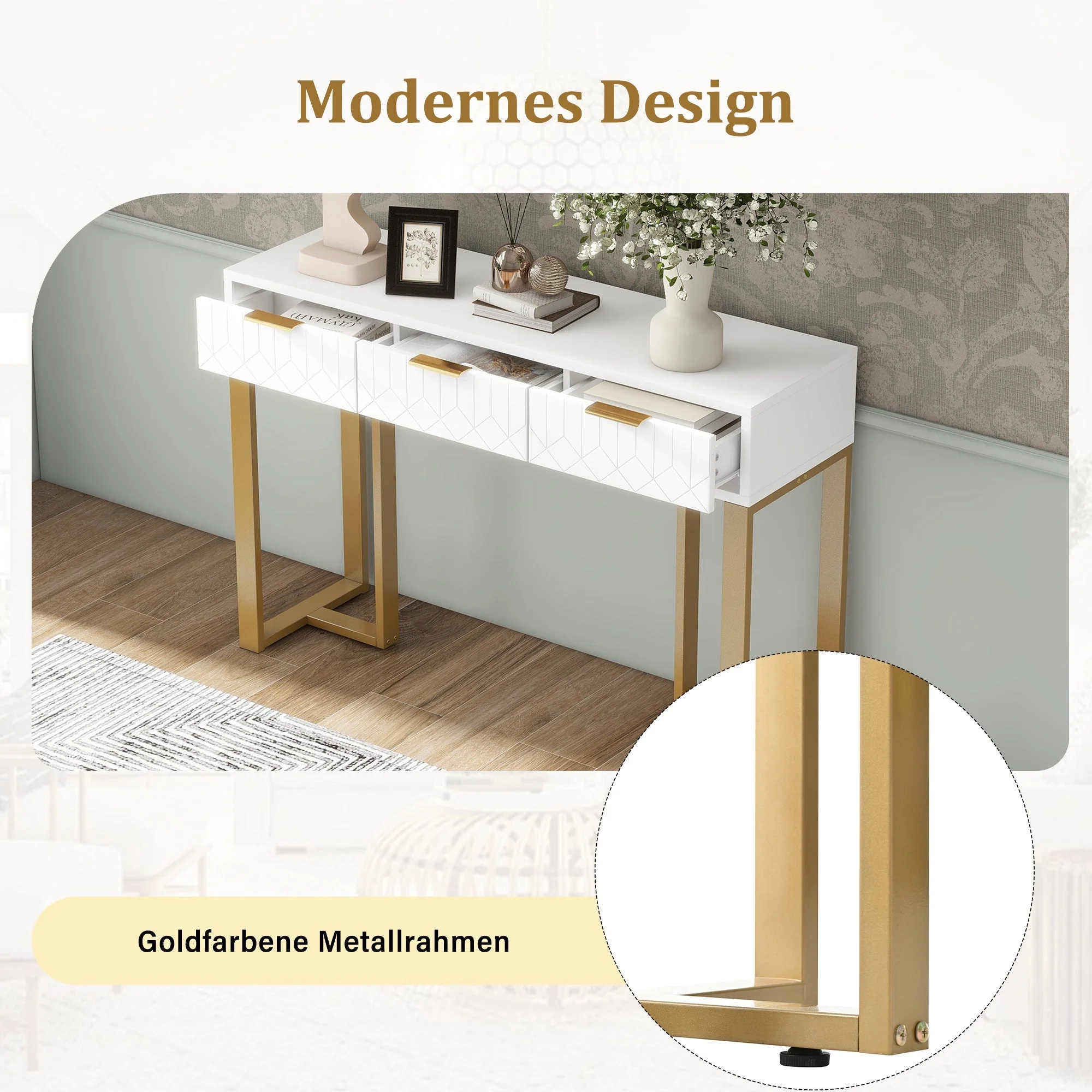 Modern Console Table - Drawers, Adjustable Foot Pads, Elegant Handles - White & Gold - Image 7