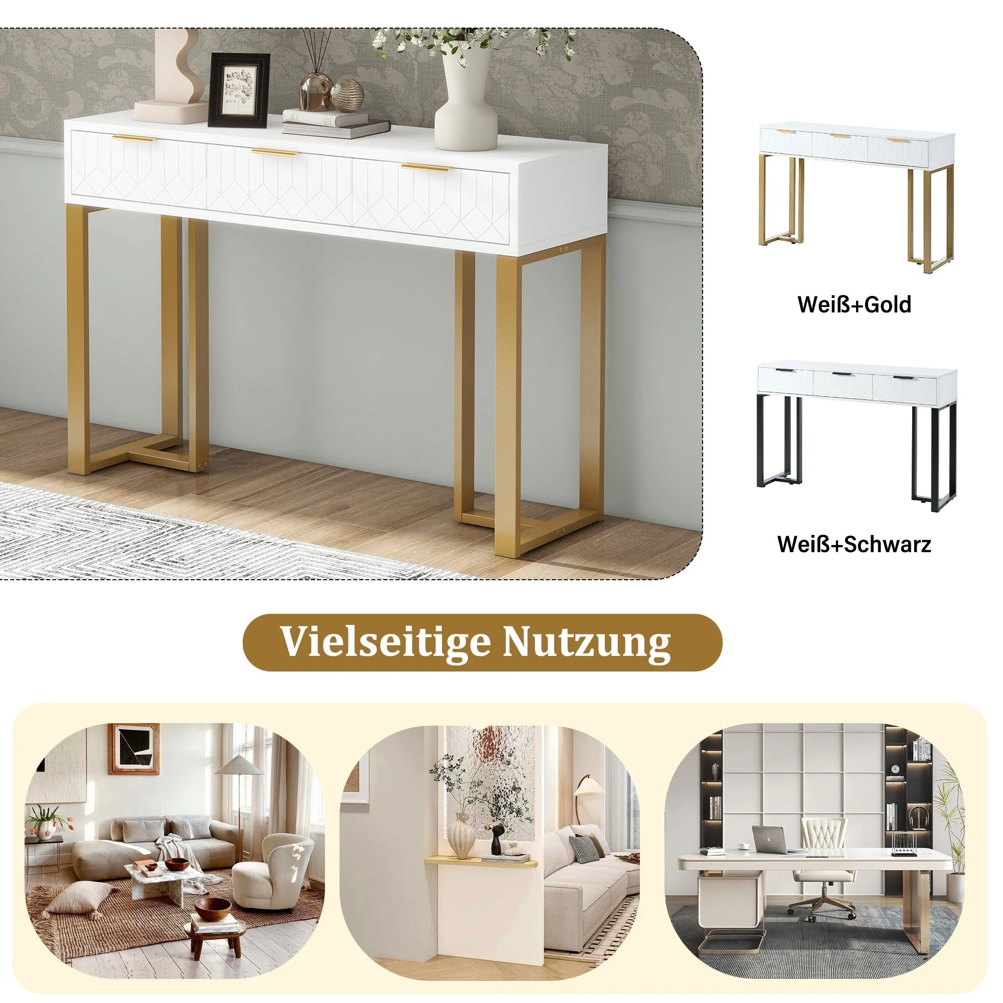 Modern Console Table - Drawers, Adjustable Foot Pads, Elegant Handles - White & Gold - Image 8