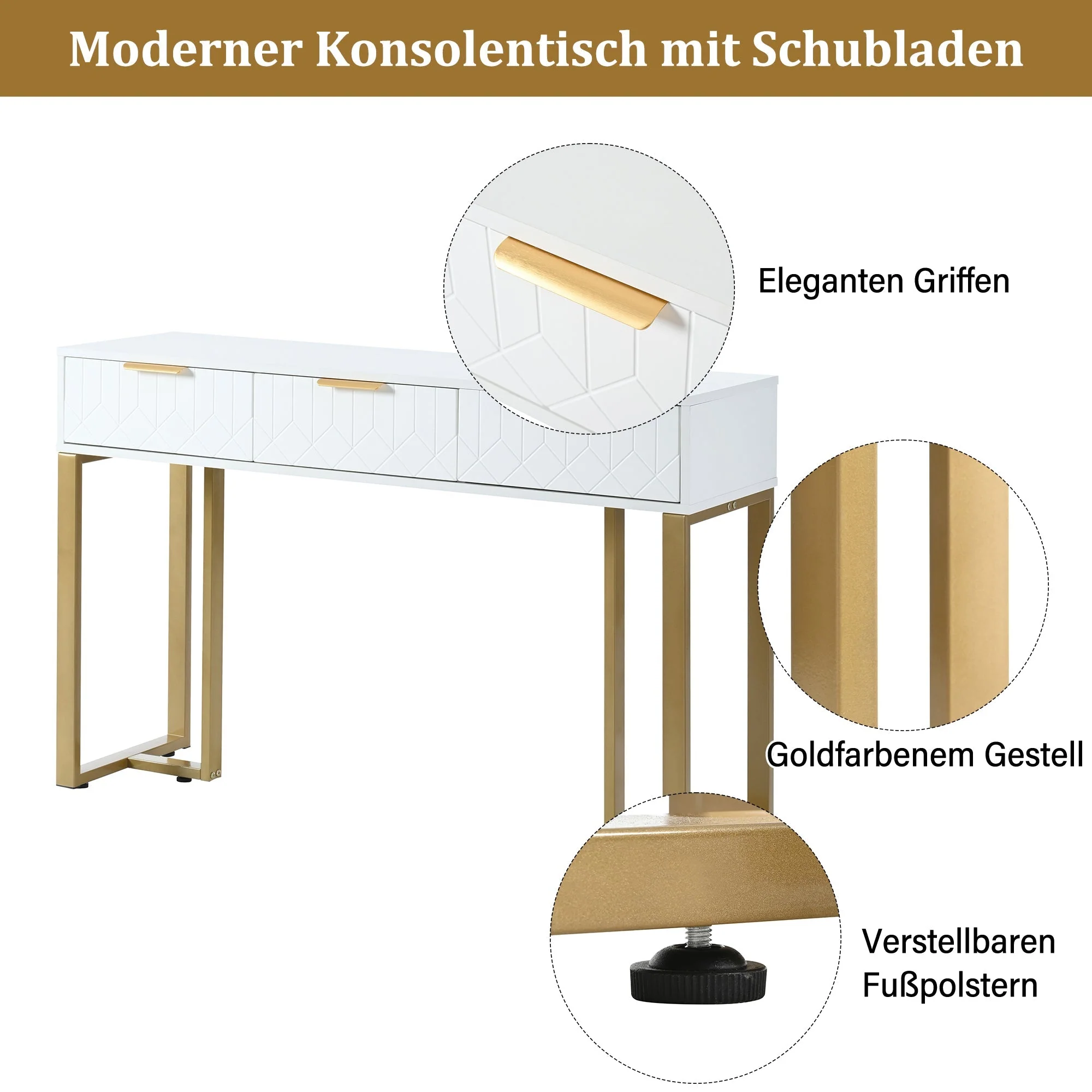 Modern Console Table - Drawers, Adjustable Foot Pads, Elegant Handles - White & Gold - Image 9