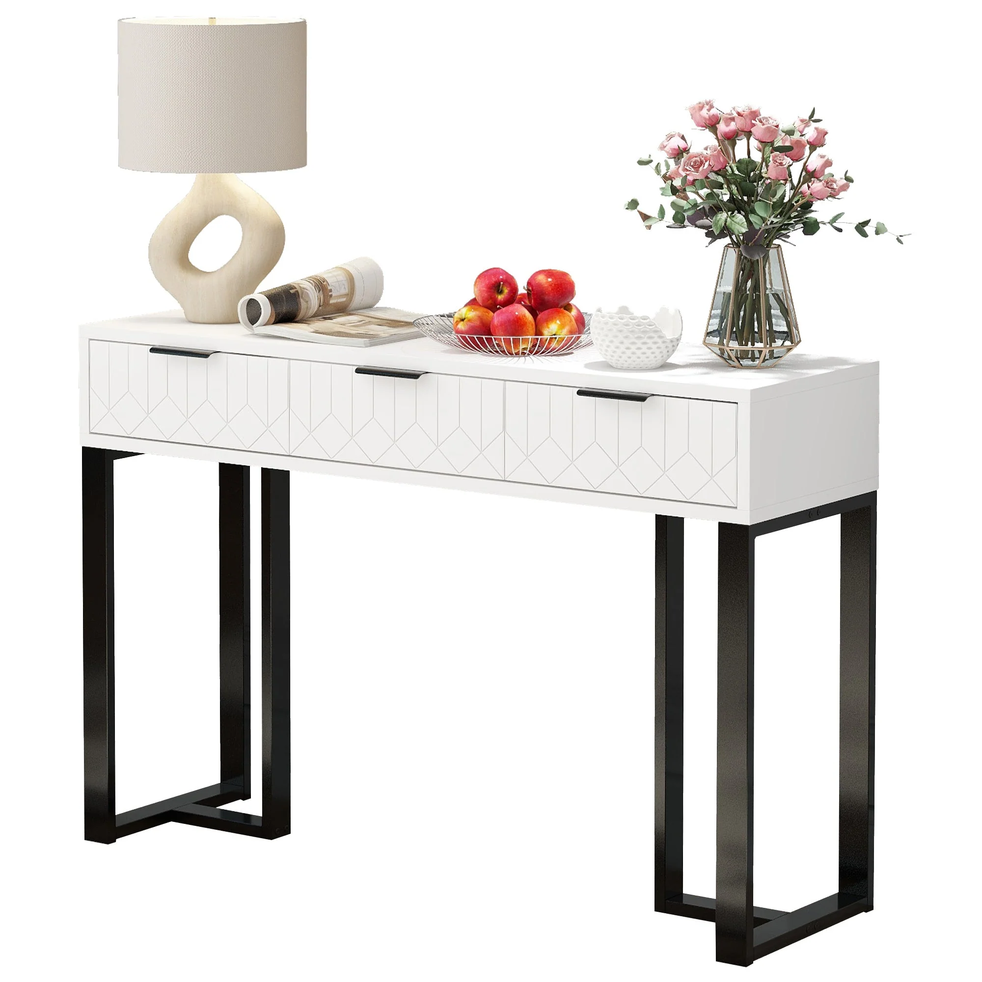 Modern Console Table with Drawers, Gold Frame, Adjustable Foot Pads, Elegant Handles (White+Black) - Image 4