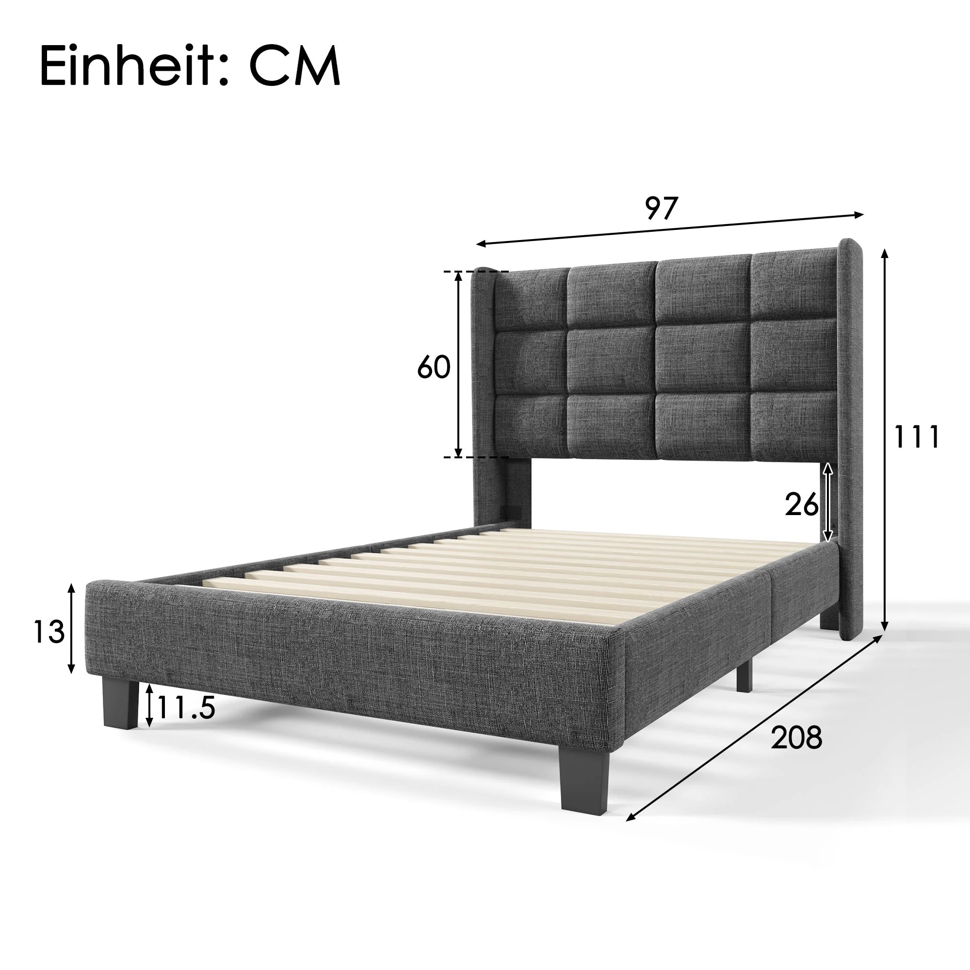 Modern Design Upholstered Bed, Single with Slatted Frame, 90x200cm, Grey Linen - Image 2