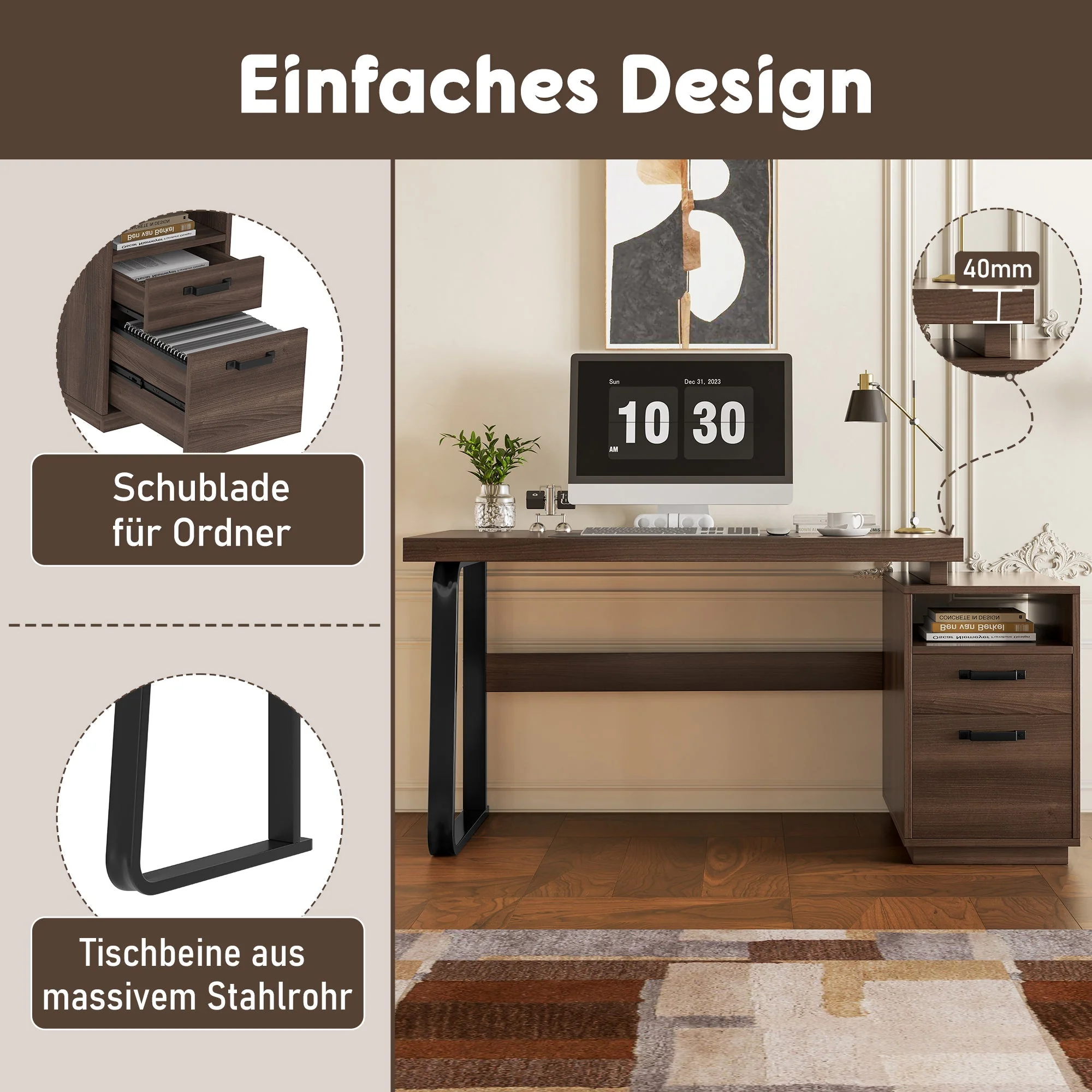 Modern Desk with Multifunctional Storage and Silent File Drawer, MDF and Steel, Brown - Image 5