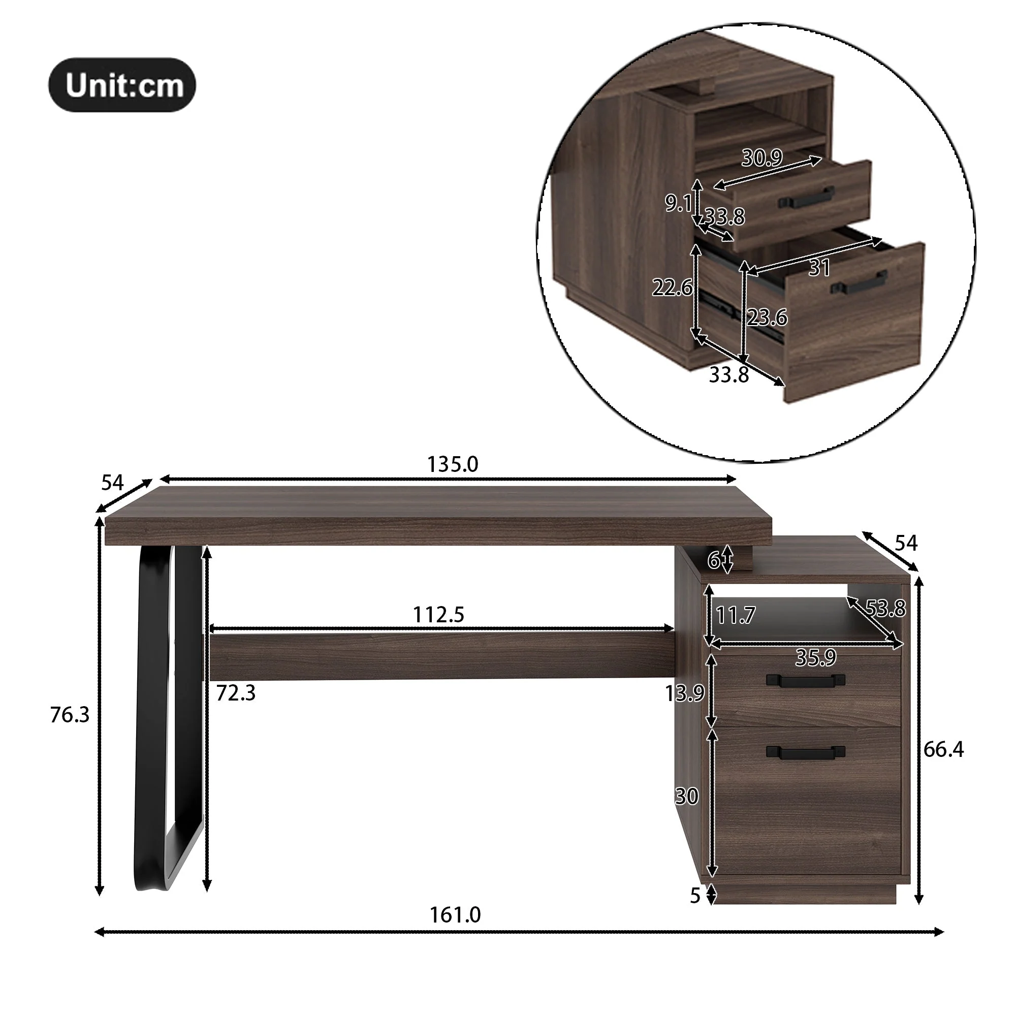 Modern Desk with Multifunctional Storage and Silent File Drawer, MDF and Steel, Brown - Image 6