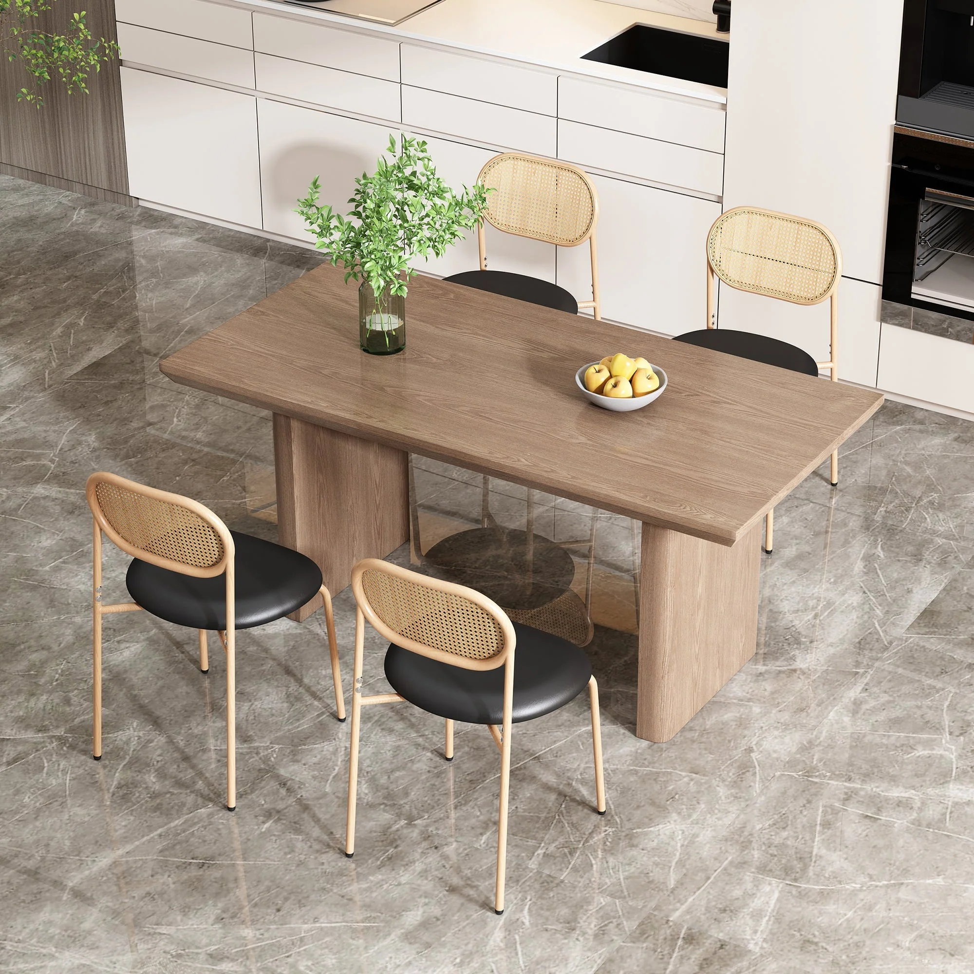 Modern Dining Chair Set of 6, Simple Rattan Leisure Seating with Metal Legs, Black and Brown - Image 2