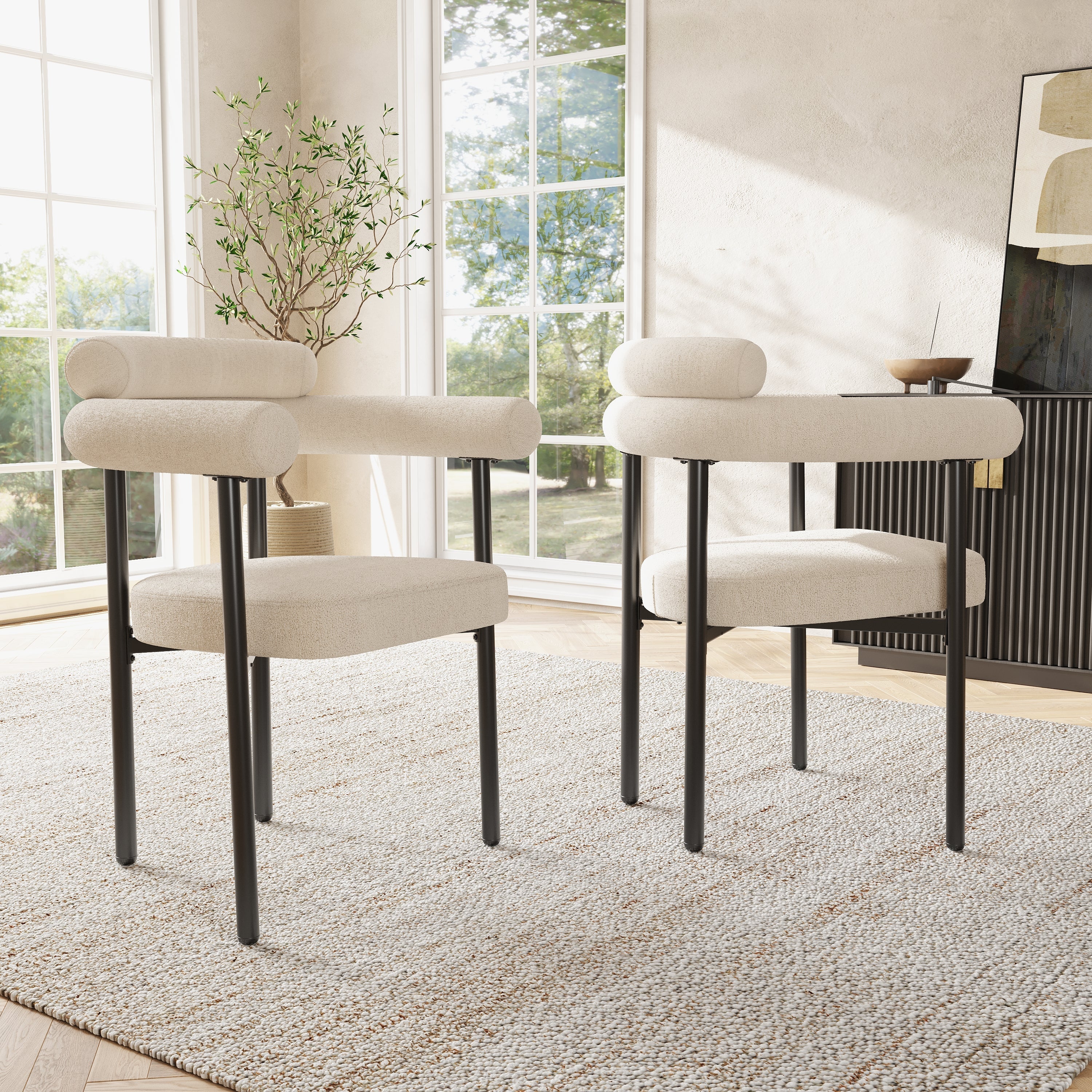 Modern Dining Chairs set of 2, Cream Faux Suede Upholstered Armchairs