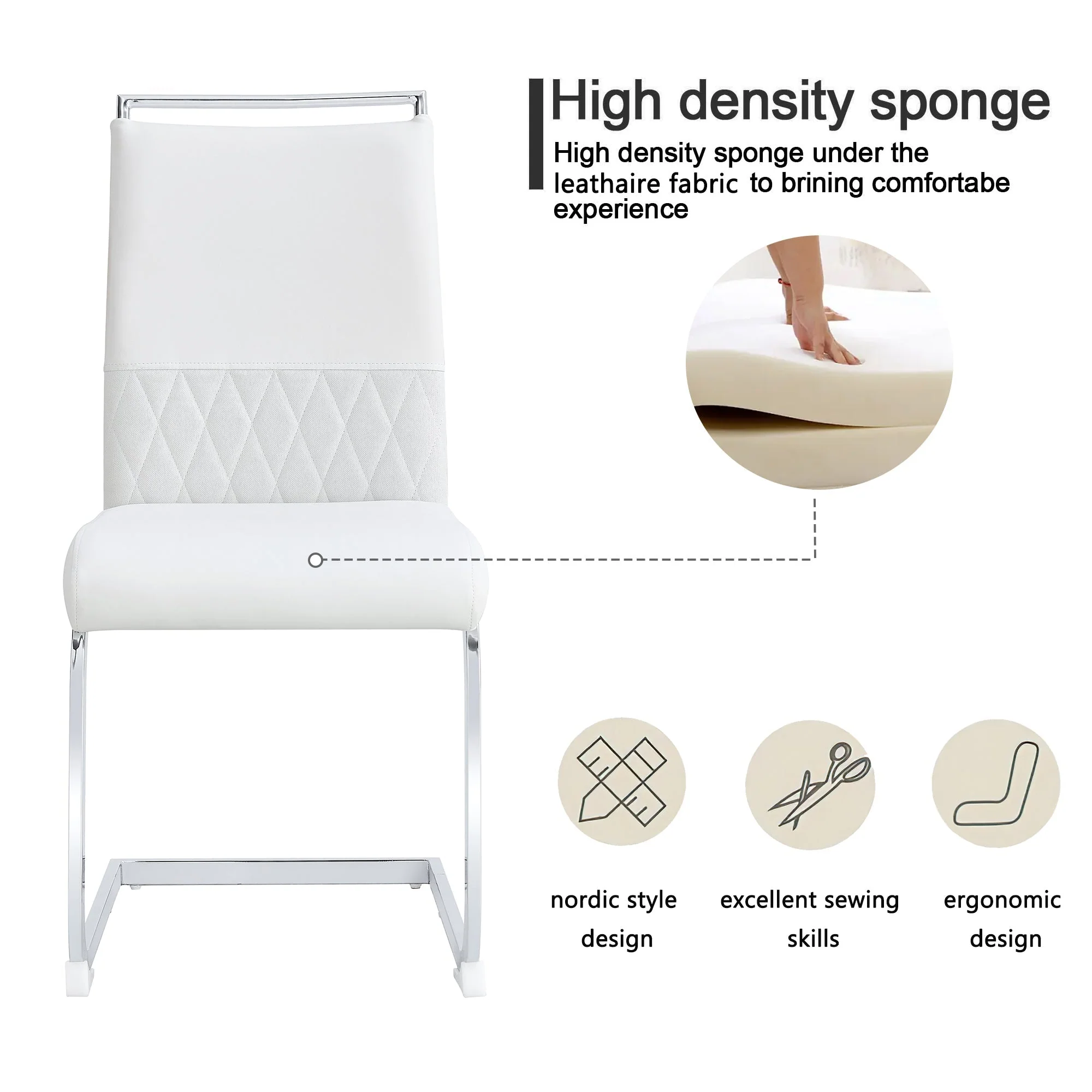Modern Dining Chairs Set of 2, High-Backed Upholstered Side Chairs with Horizontal Stripe Backrest, White PU Leather & Linen - Image 5