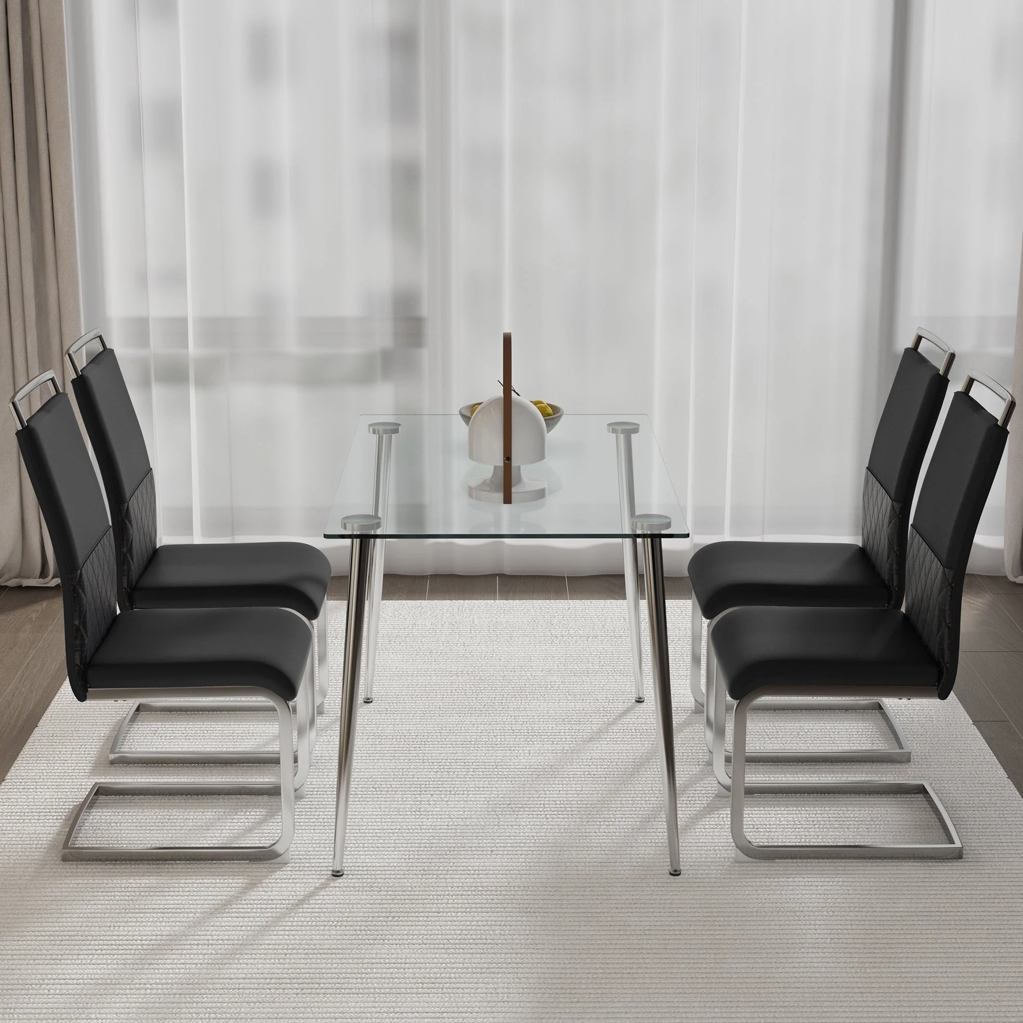 Modern Dining Chairs Set of 4, High-Backed Upholstered Side Chair with Horizontal Stripe Backrest, Black PU Leather and Linen - Image 3