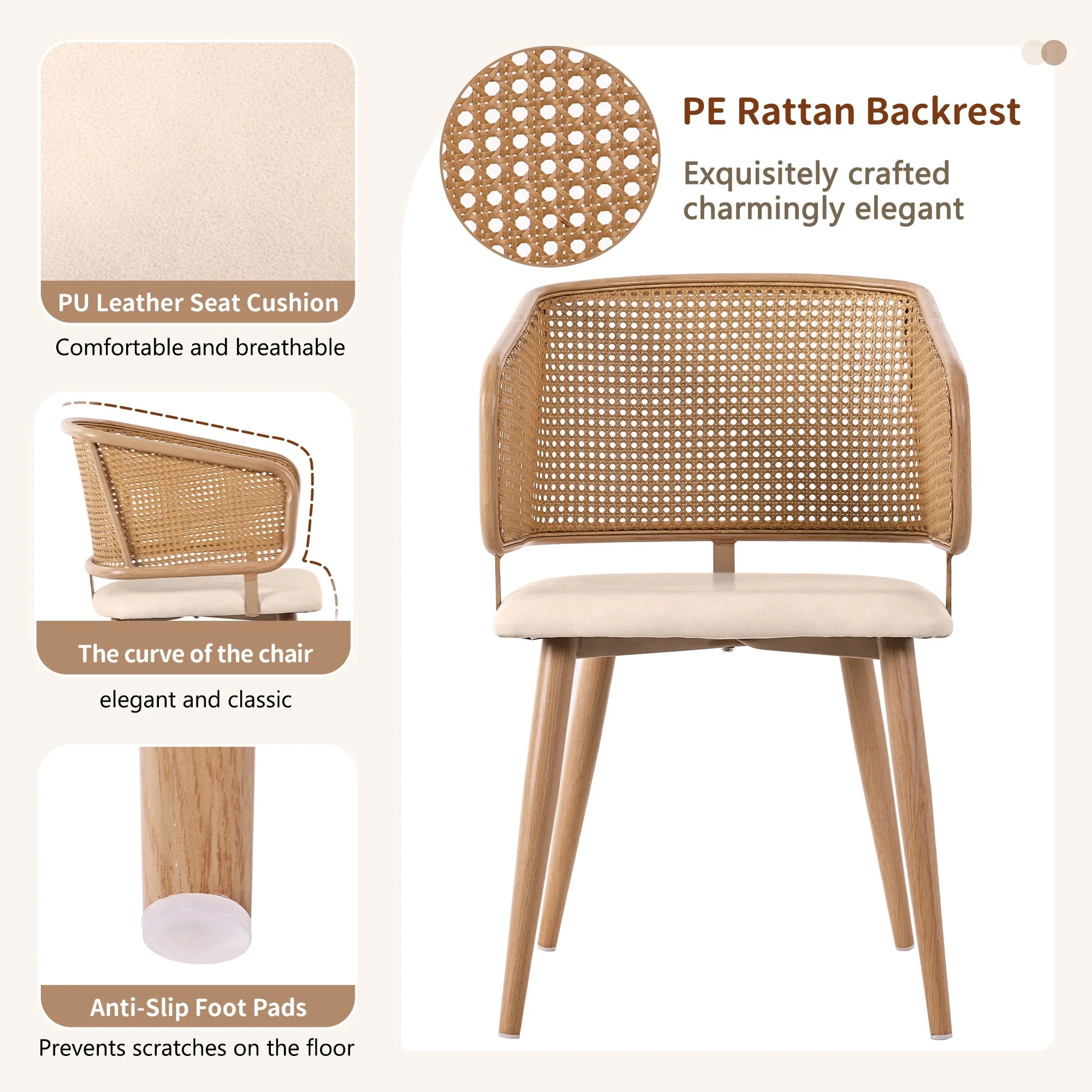 Modern Dining Chairs (Set of 6) with Rattan Backrest, PU Leather Seat, Beige - Image 5