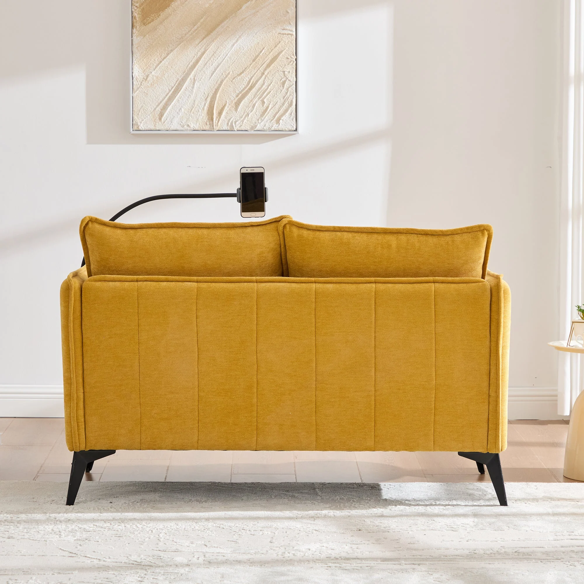 Modern Double Sofa with Storage Side Pocket and Adjustable Phone Holder, Fabric - Image 8
