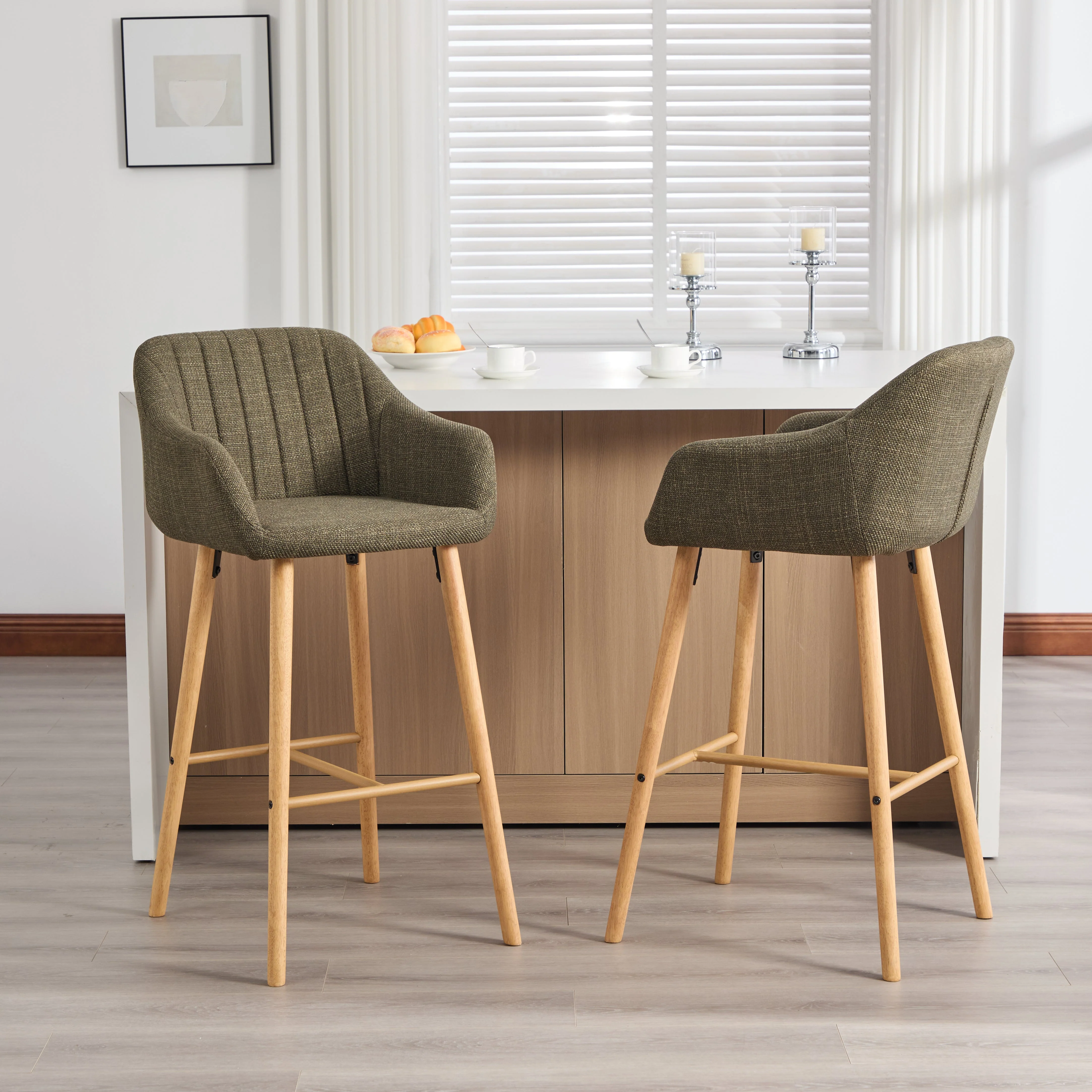Modern European Bar Stools with High Backrest and Armrests, Set of 2, Beige Linen - Image 15