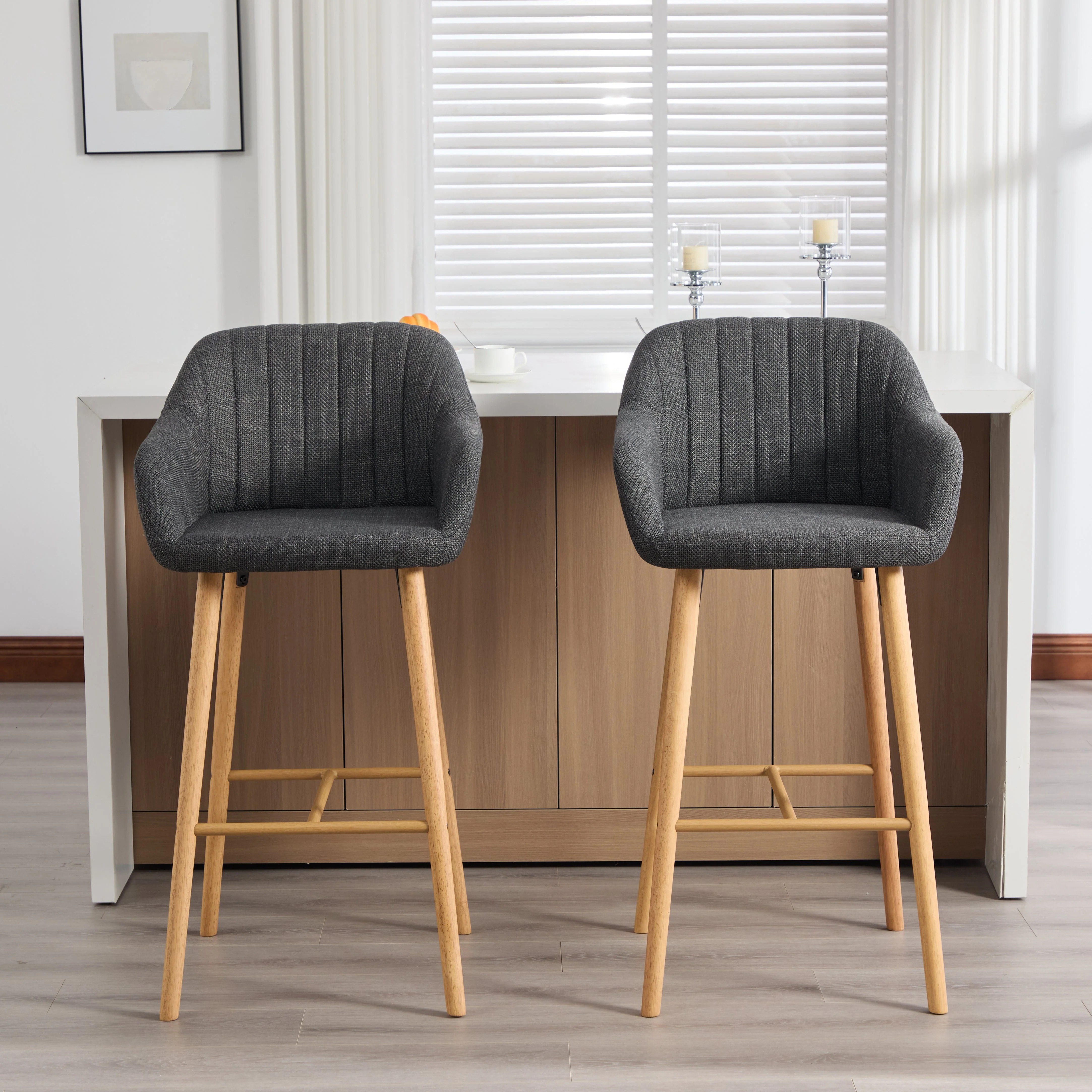 Modern European Bar Stools with High Backrest and Armrests, Set of 2, Beige Linen - Image 5