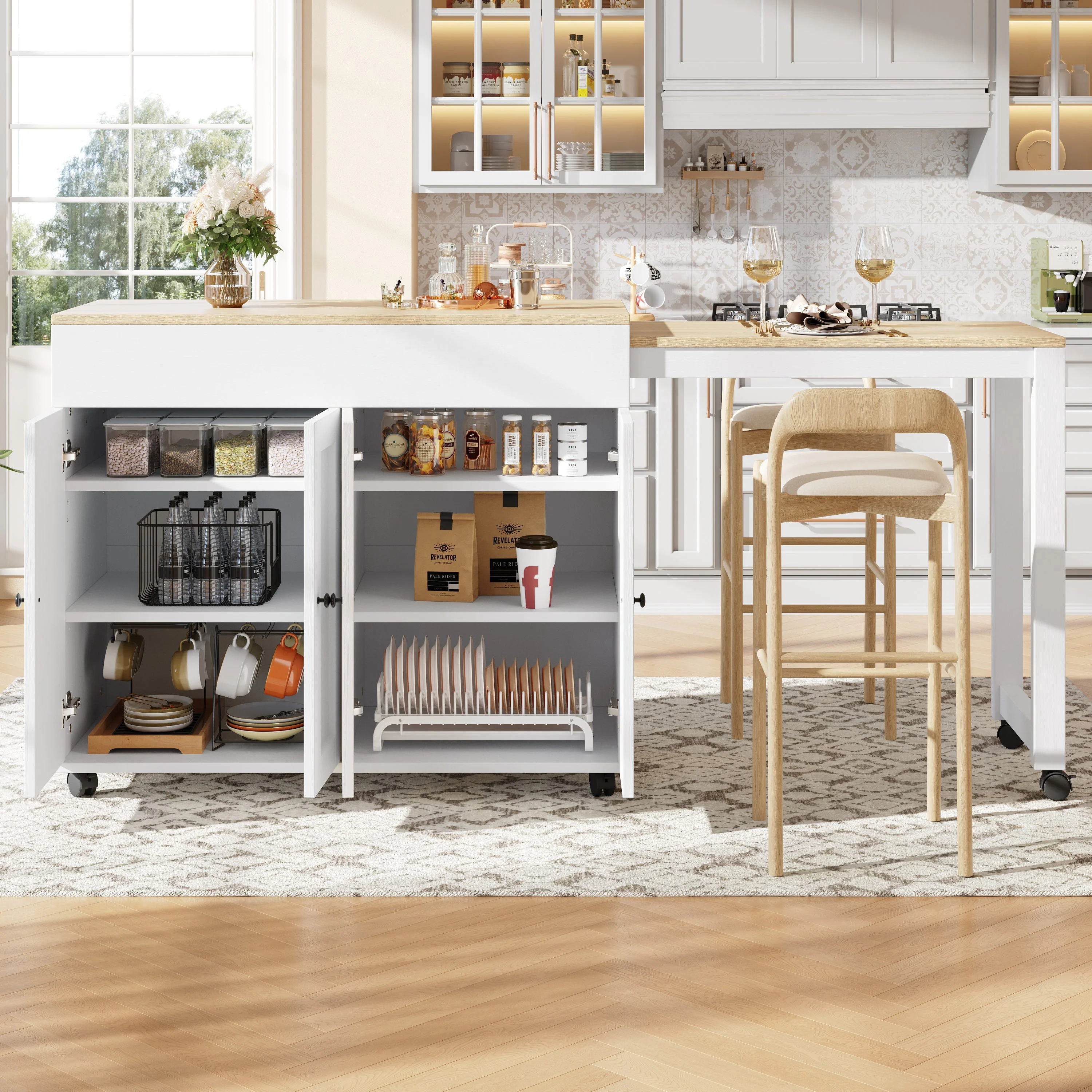 Modern Extendable Bar Table, Dining Table with Storage and Six Shelves, White - Image 2