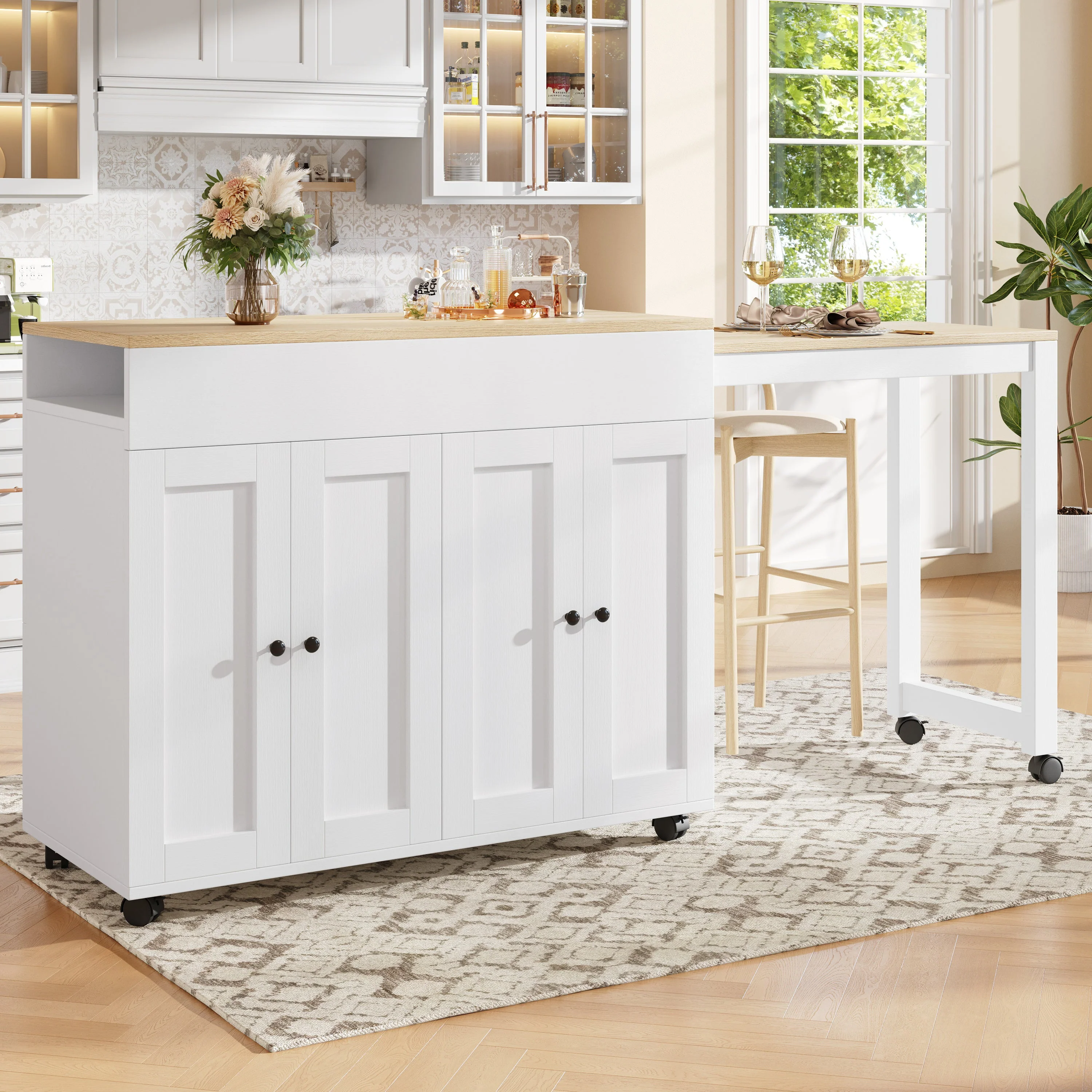 Modern Extendable Bar Table, Dining Table with Storage and Six Shelves, White - Image 3