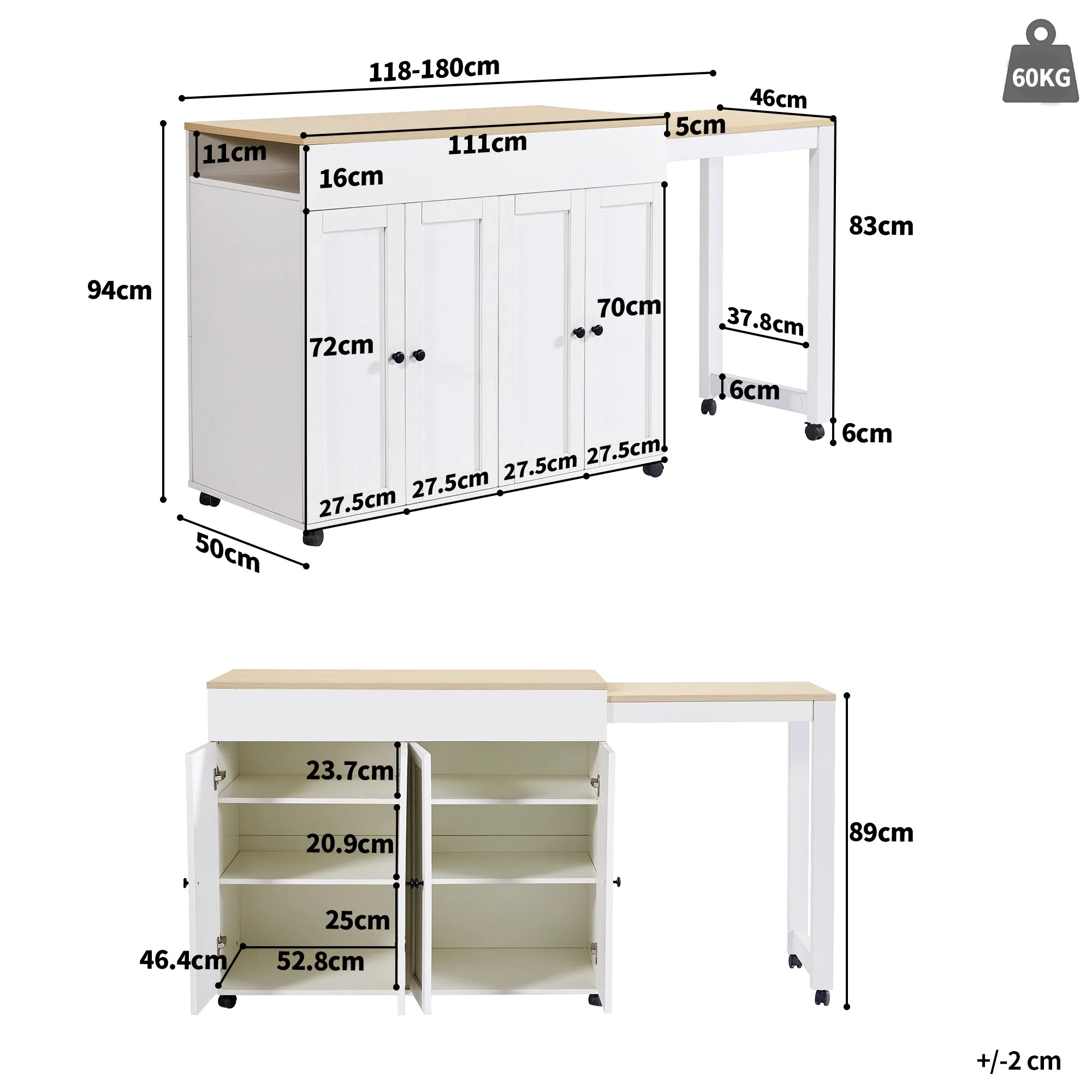 Modern Extendable Bar Table, Dining Table with Storage and Six Shelves, White - Image 6