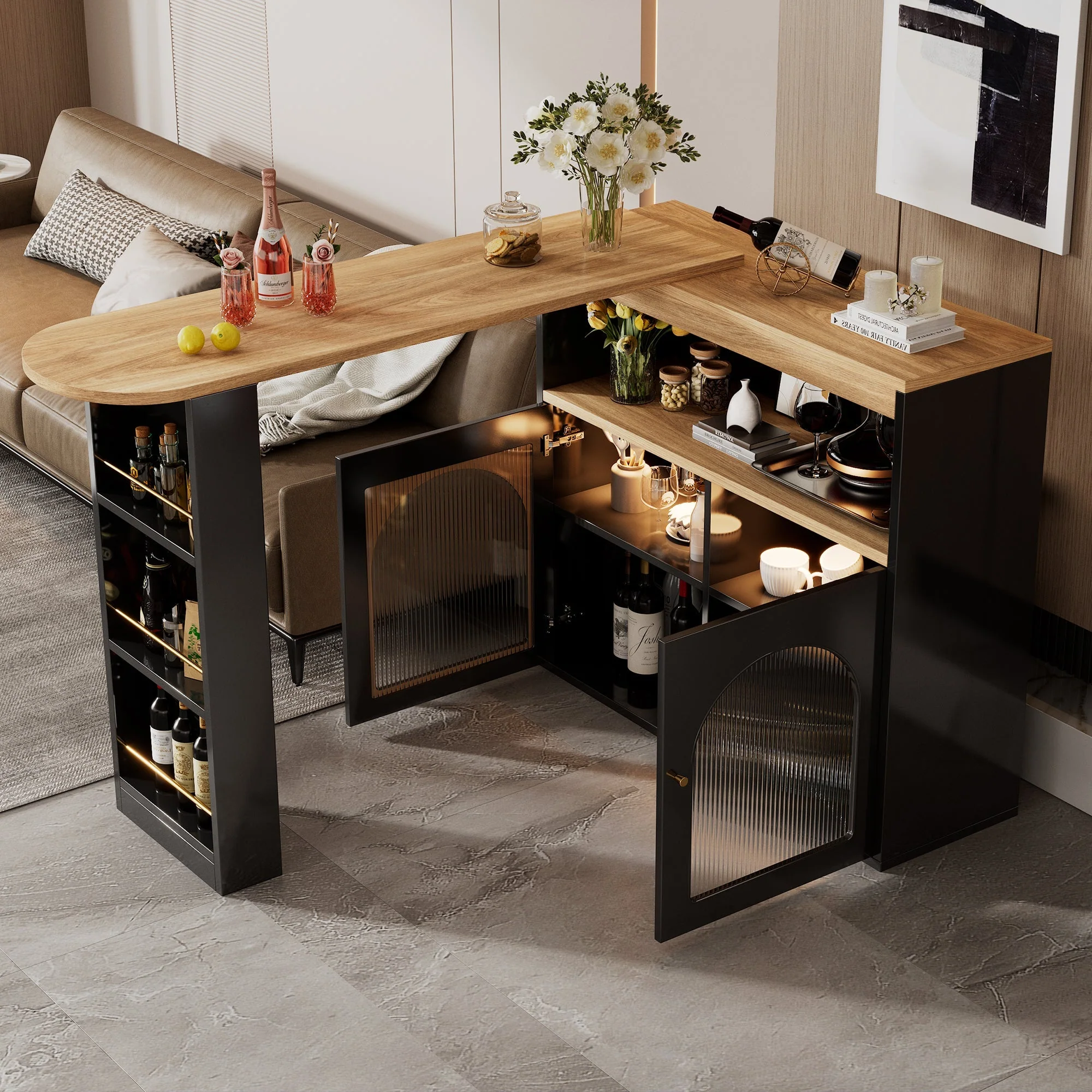 Modern Extendable Kitchen Island Table with Storage & Swivel, LED Strip, Black - Image 3