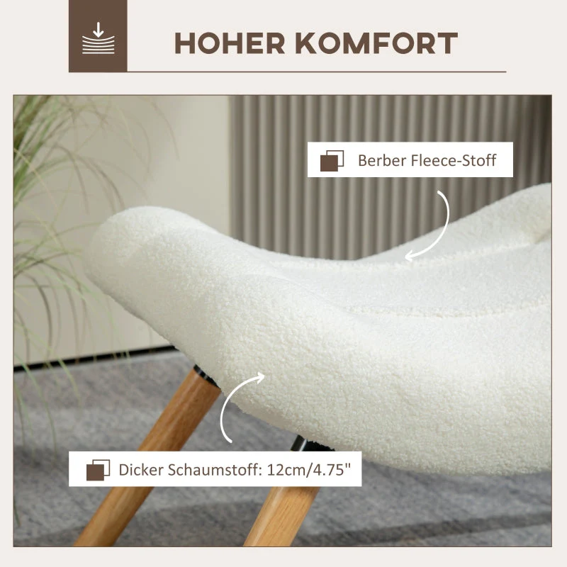 Modern Footstool, Upholstered with Wooden Legs, Cream White Fleece - Image 6