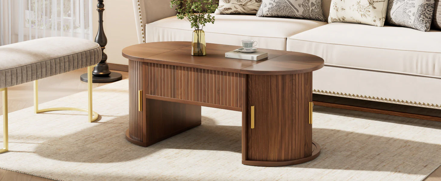 Modern Height-Adjustable Coffee Table with Storage and Sliding Doors, Wood - Image 7