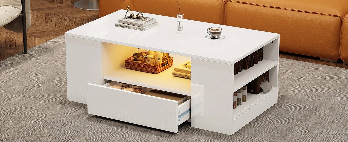 Modern High-Gloss Coffee Table with 2 Drawers and 2 Shelves, White - Image 4