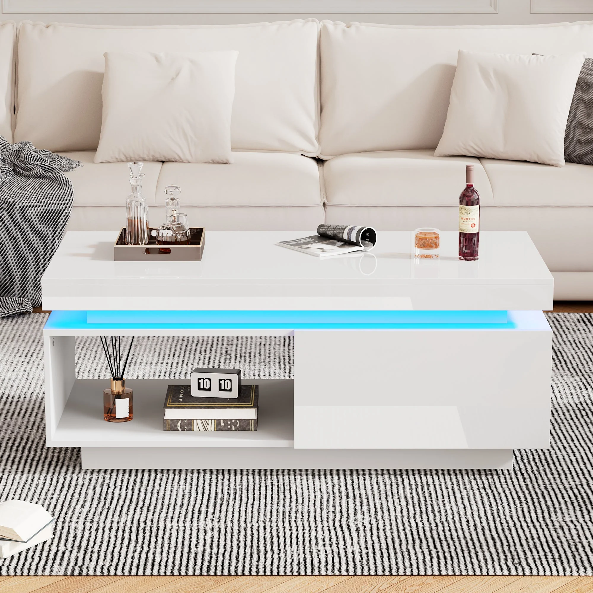 Modern high-gloss coffee table with LED lighting and drawer, 50 kg capacity - Image 4