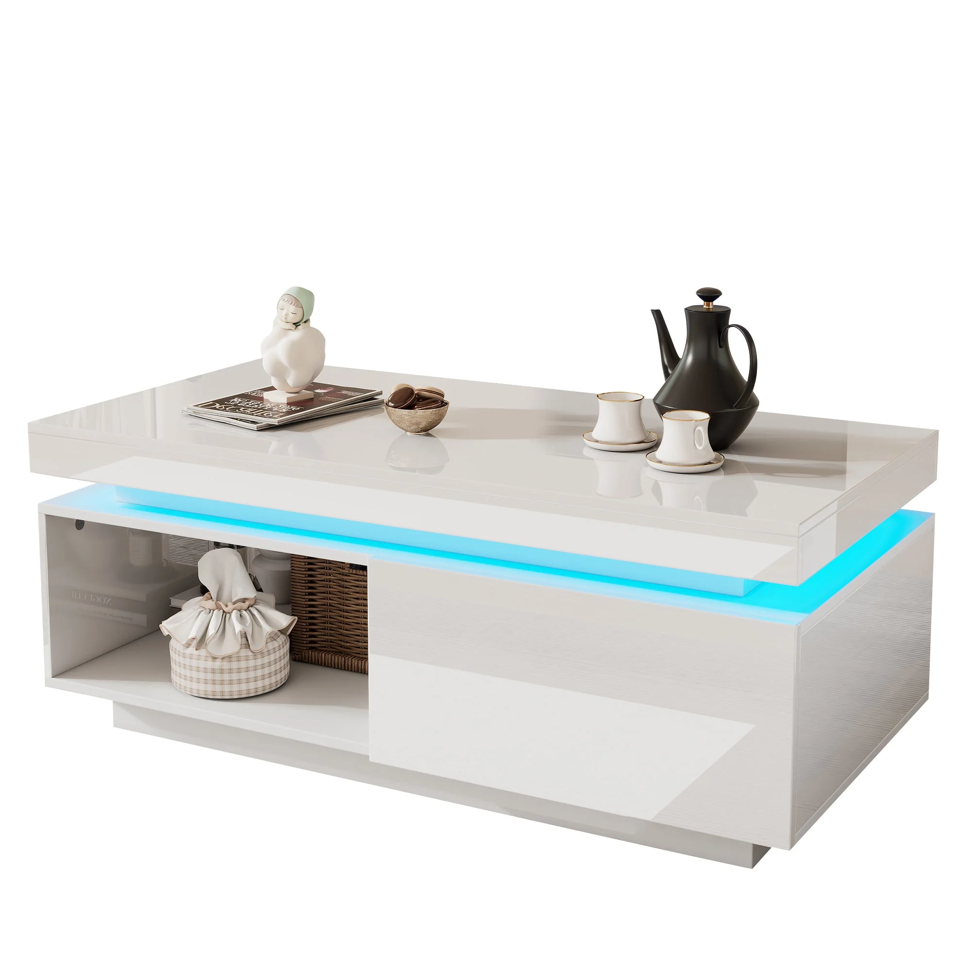 Modern high-gloss coffee table with LED lighting and drawer, 50 kg capacity - Image 7