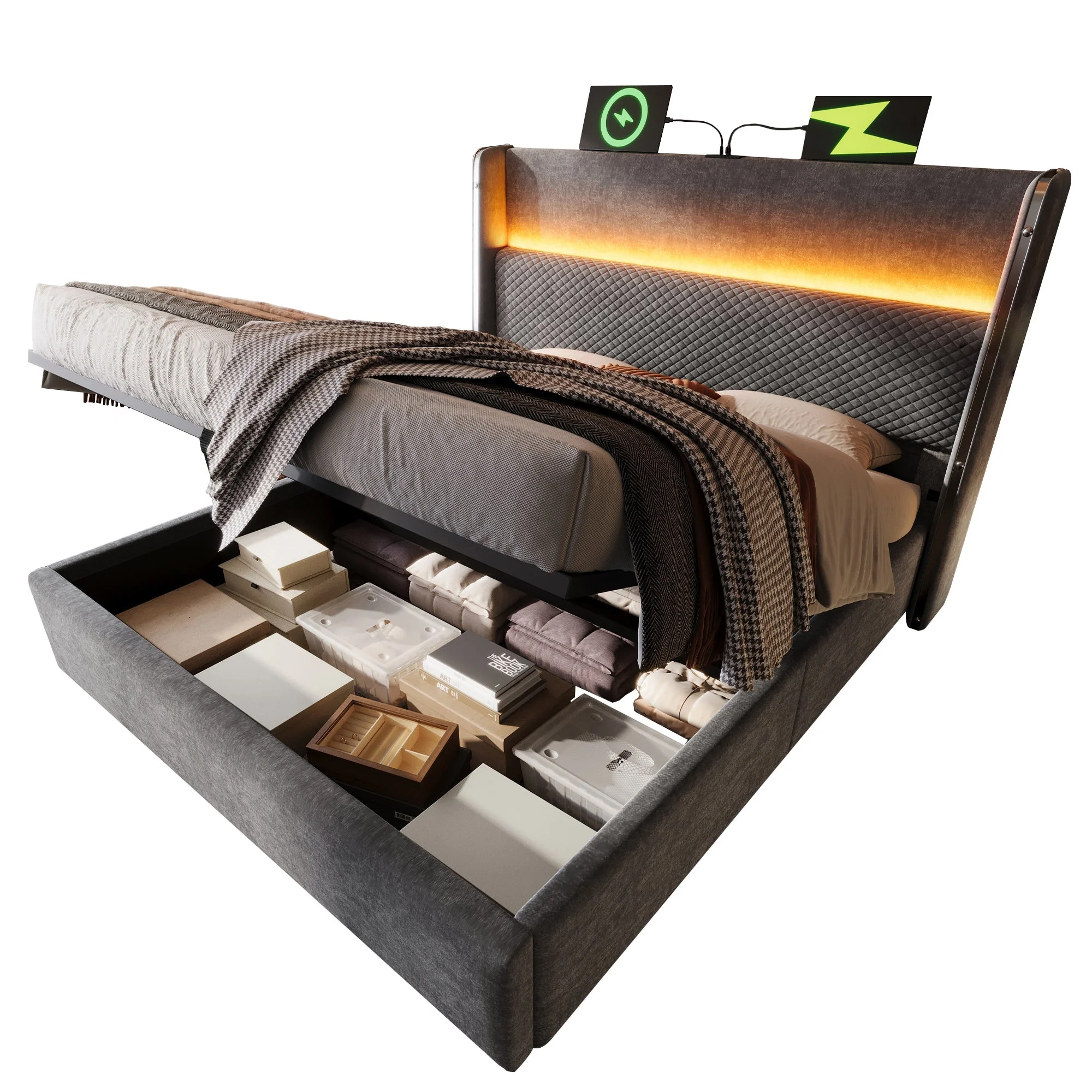 Modern Hydraulic Bed 160x200cm, High Headboard, LED, Storage, USB/Type-C - Linen Look Grey - Image 8