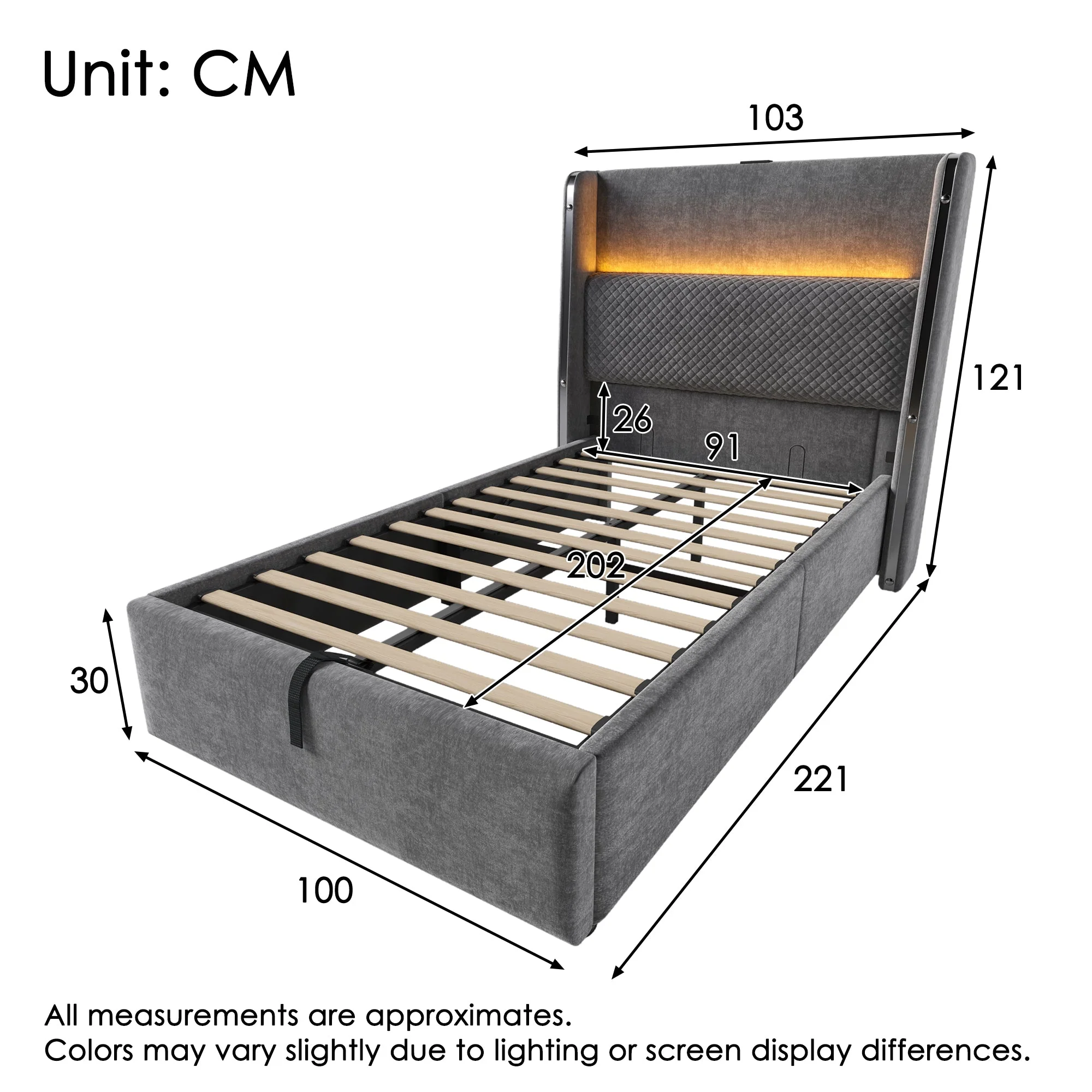 Modern Hydraulic Bed 90x200cm, High Headboard LED Storage USB/Type-C, Linen Look Grey - Image 2