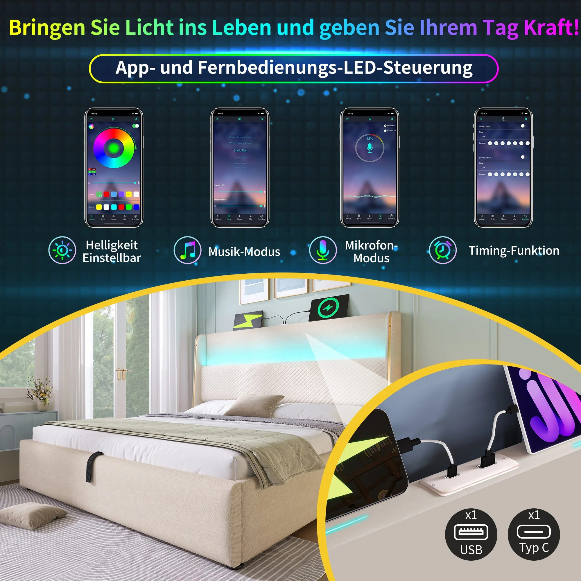Modern Hydraulic Bed, 90x200cm Single, LED/USB Storage, Linen Look Beige - Image 4