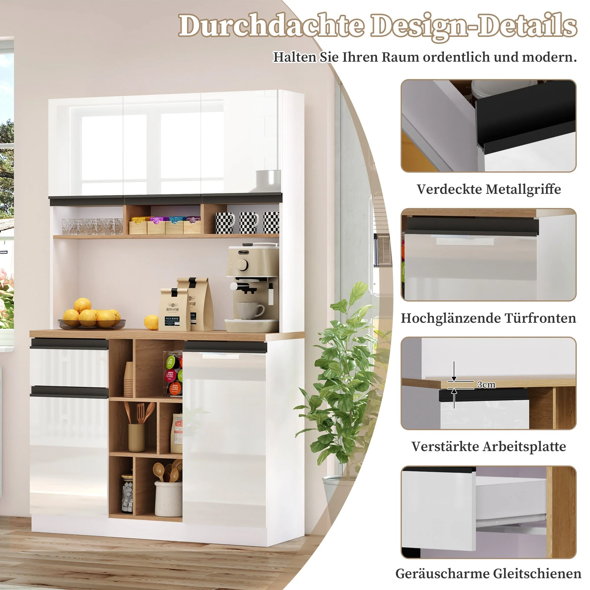 Modern Kitchen Cabinet with Drawers Adjustable Shelves Open Storage - White - Image 5