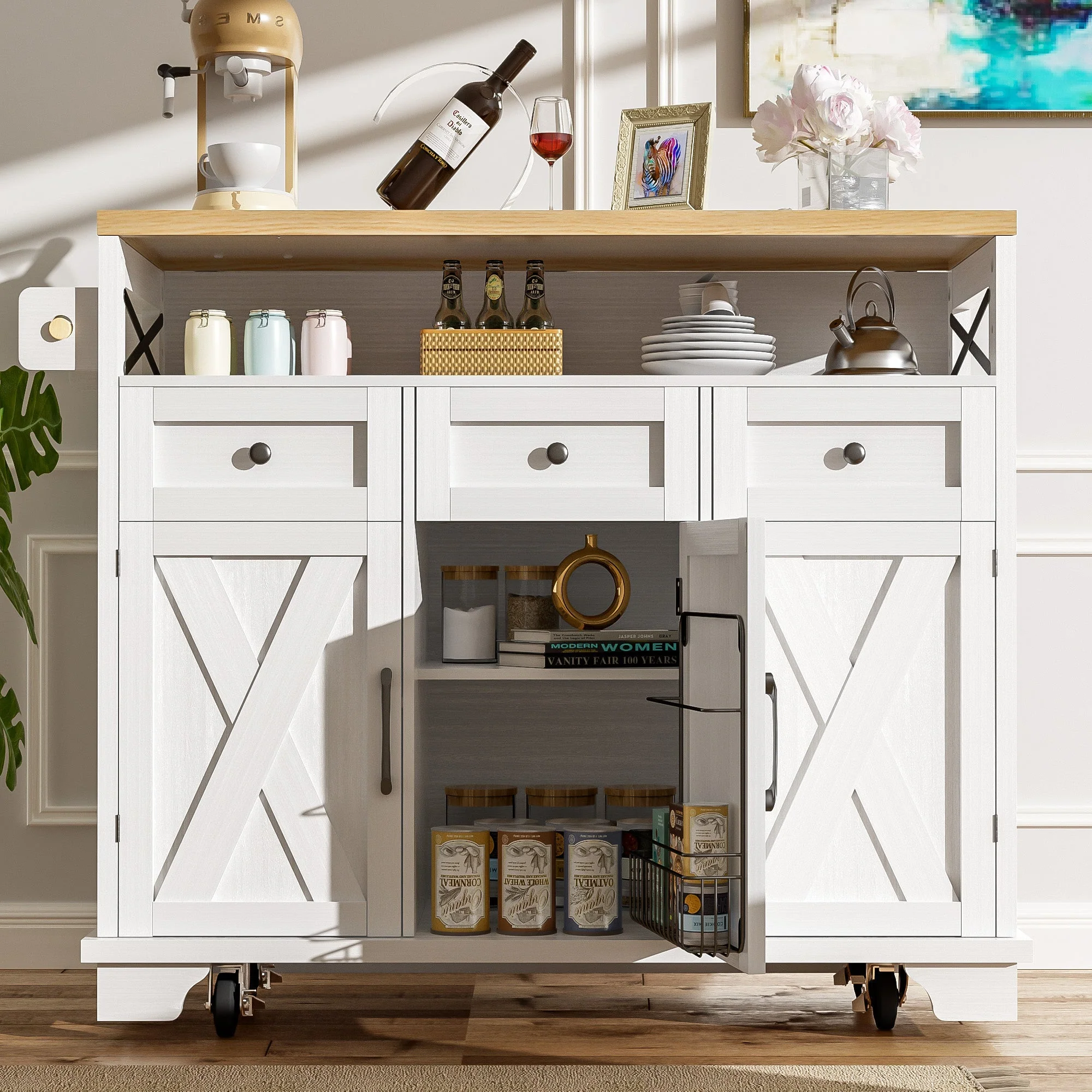 Modern Kitchen Island 118x43x98cm Mobile Storage Towel Rail - White - Image 3