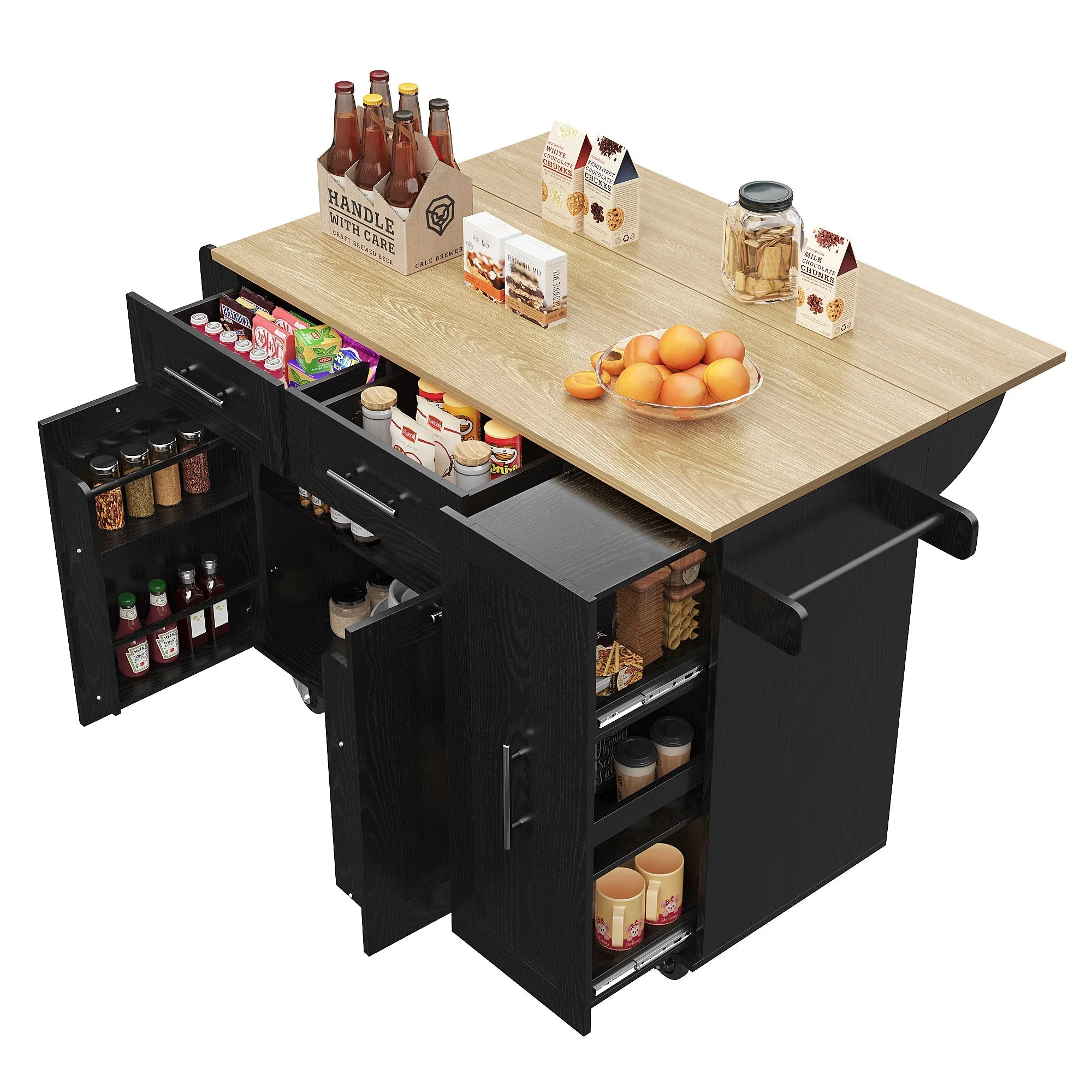 Modern Kitchen Island Buffet Cabinet Dining Table Storage Cart Wood Grain Black - Image 6