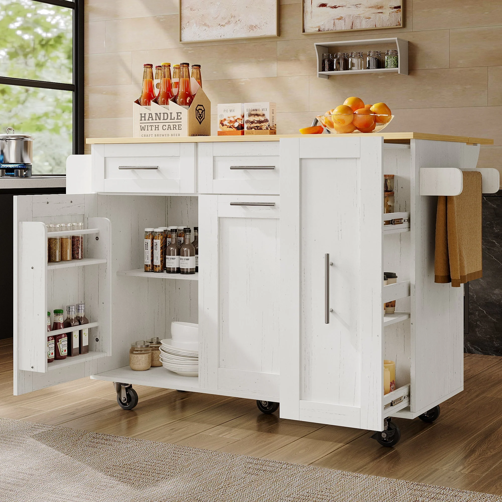 Modern Kitchen Island Cabinet, Buffet Dining Cart with Storage, White - Image 2
