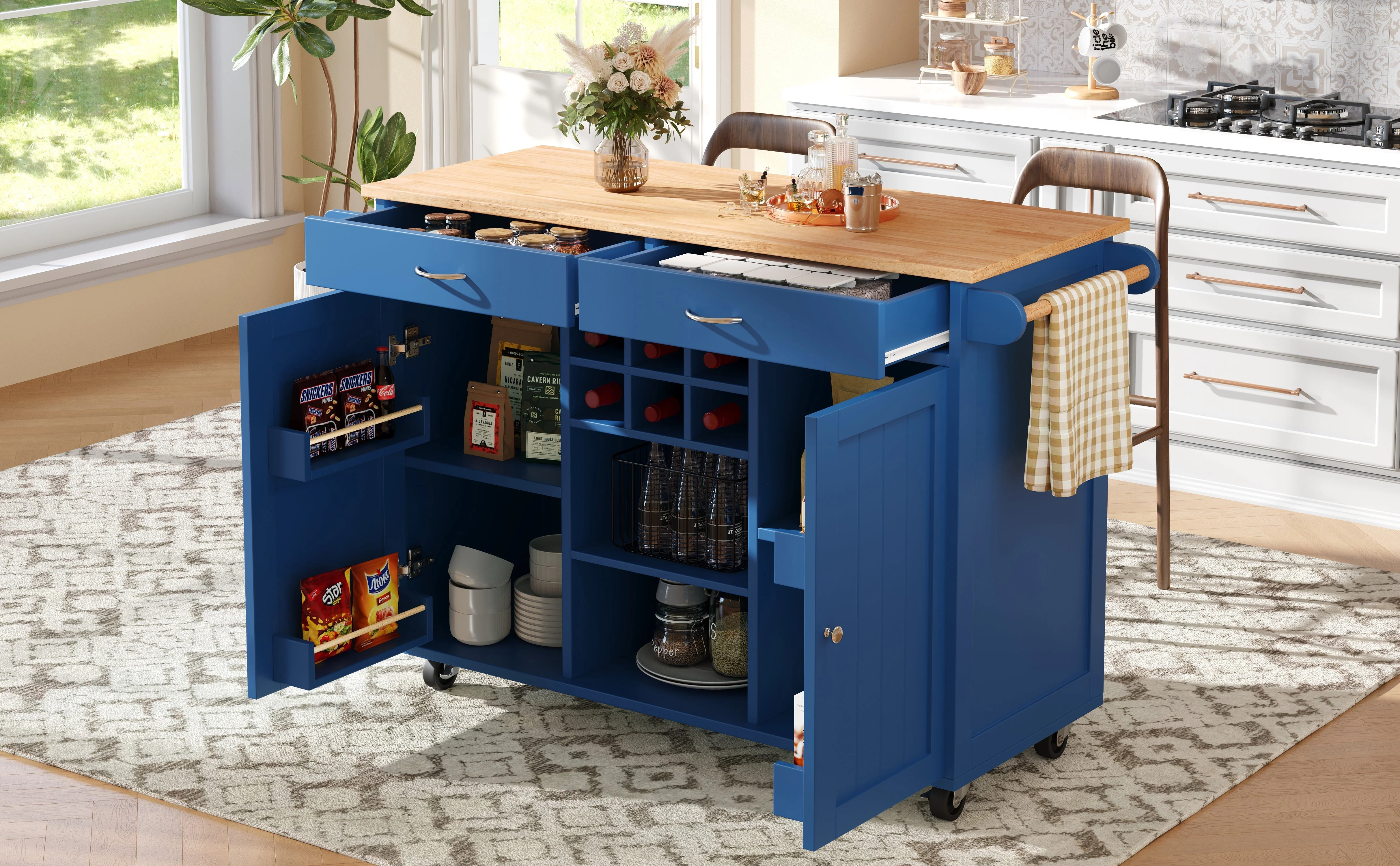 Modern Kitchen Island Dining Table Storage Wood Grain - Blue - Image 4