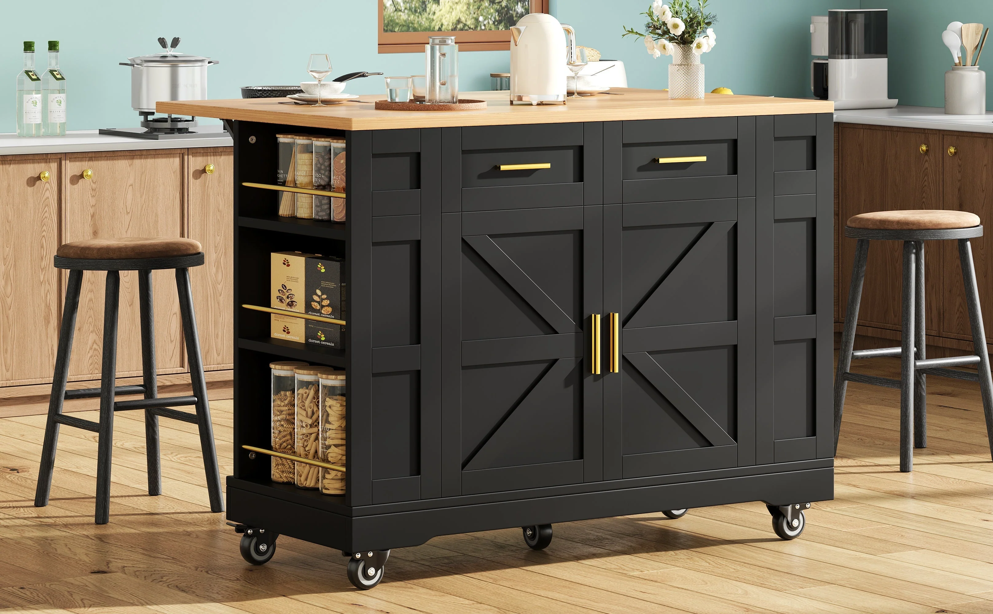Modern Kitchen Island with Storage and Extendable Tabletop, Black Wood Grain Finish - Image 3