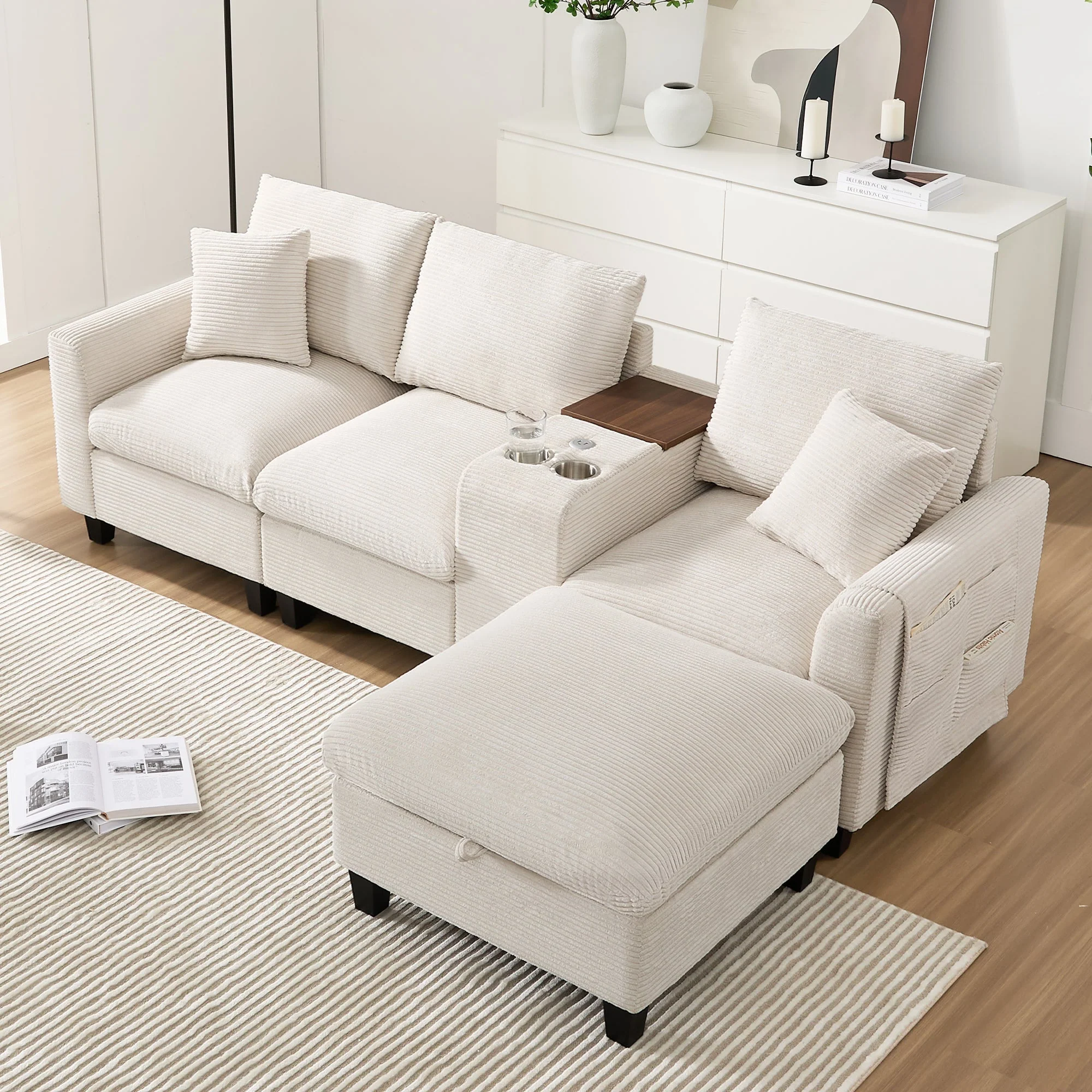Modern L-shaped Convertible Corner Sofa with Console & USB, Corduroy Fabric - Image 3